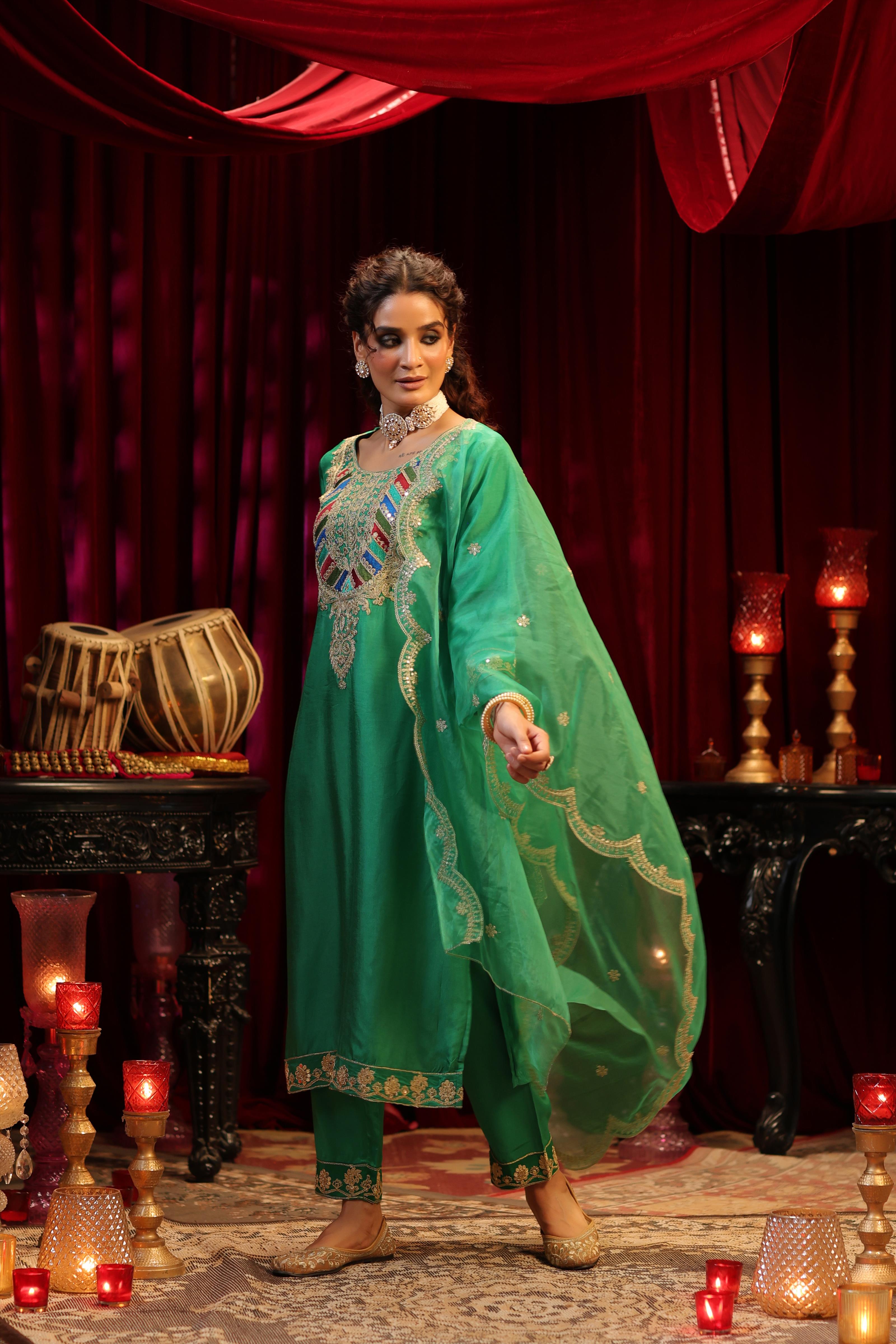 Green Dupion Silk Dori & Sequin Embroidered Suit Set