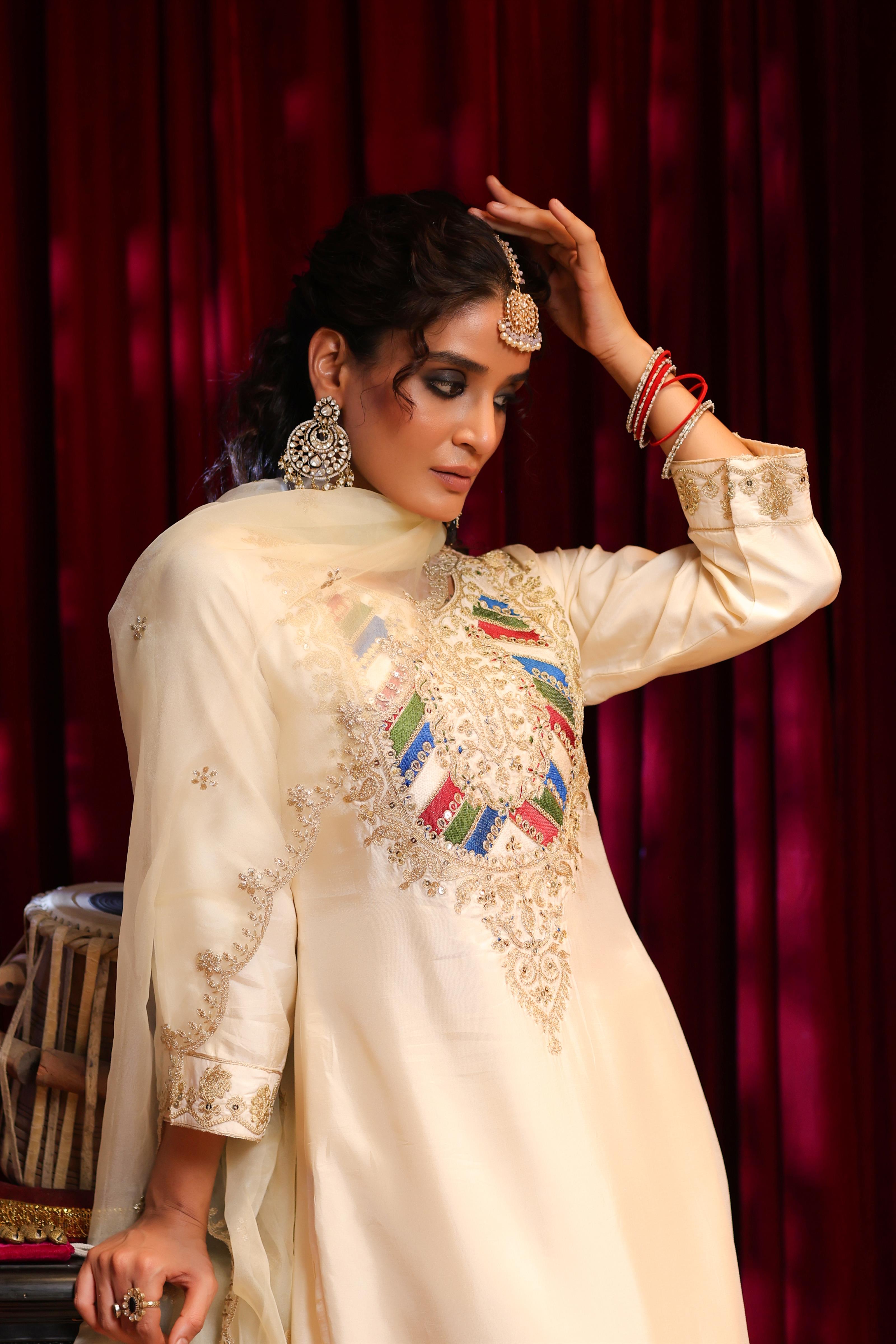 Ivory Dupion Silk Dori & Sequin Embroidered Suit Set