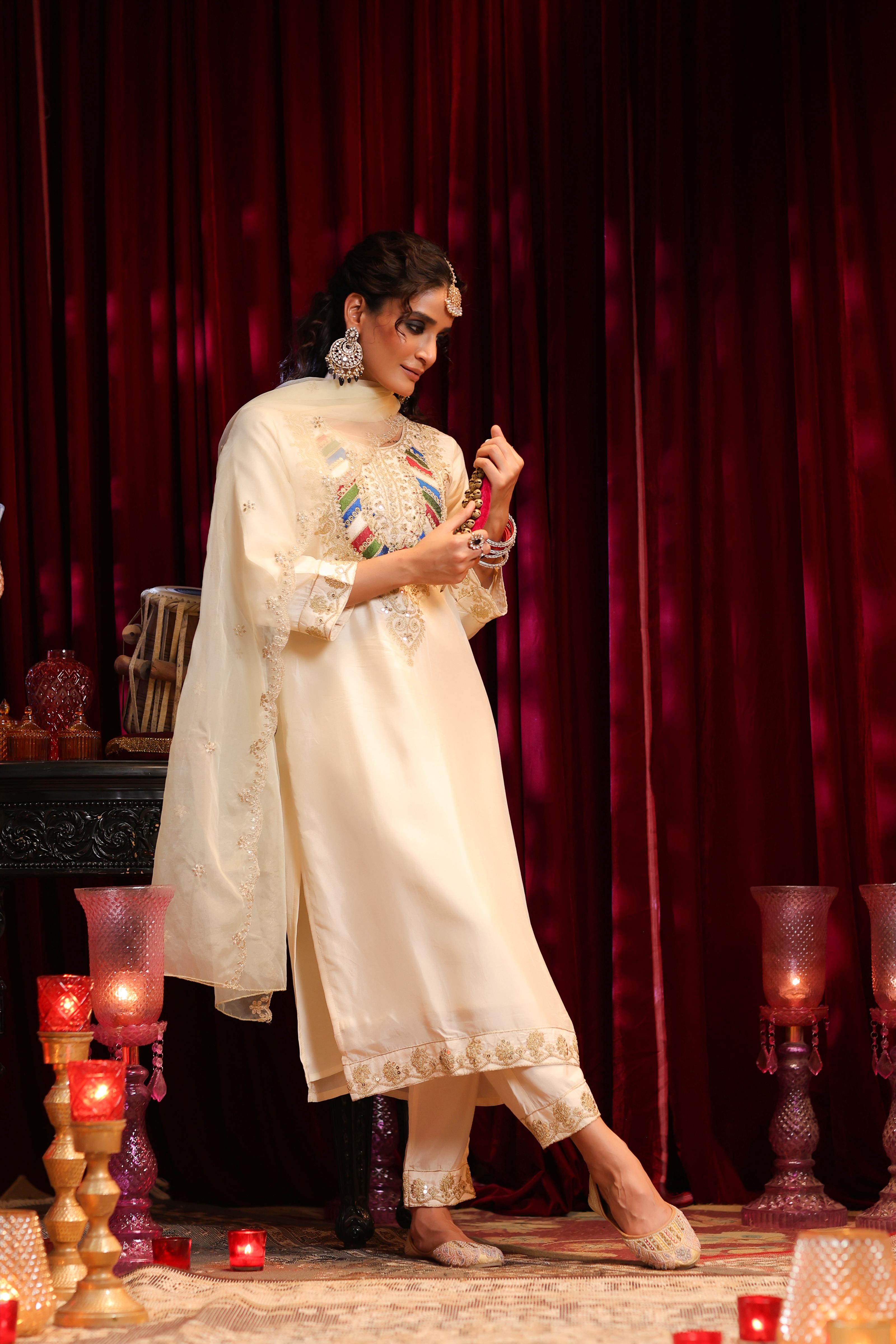 Ivory Dupion Silk Dori & Sequin Embroidered Suit Set