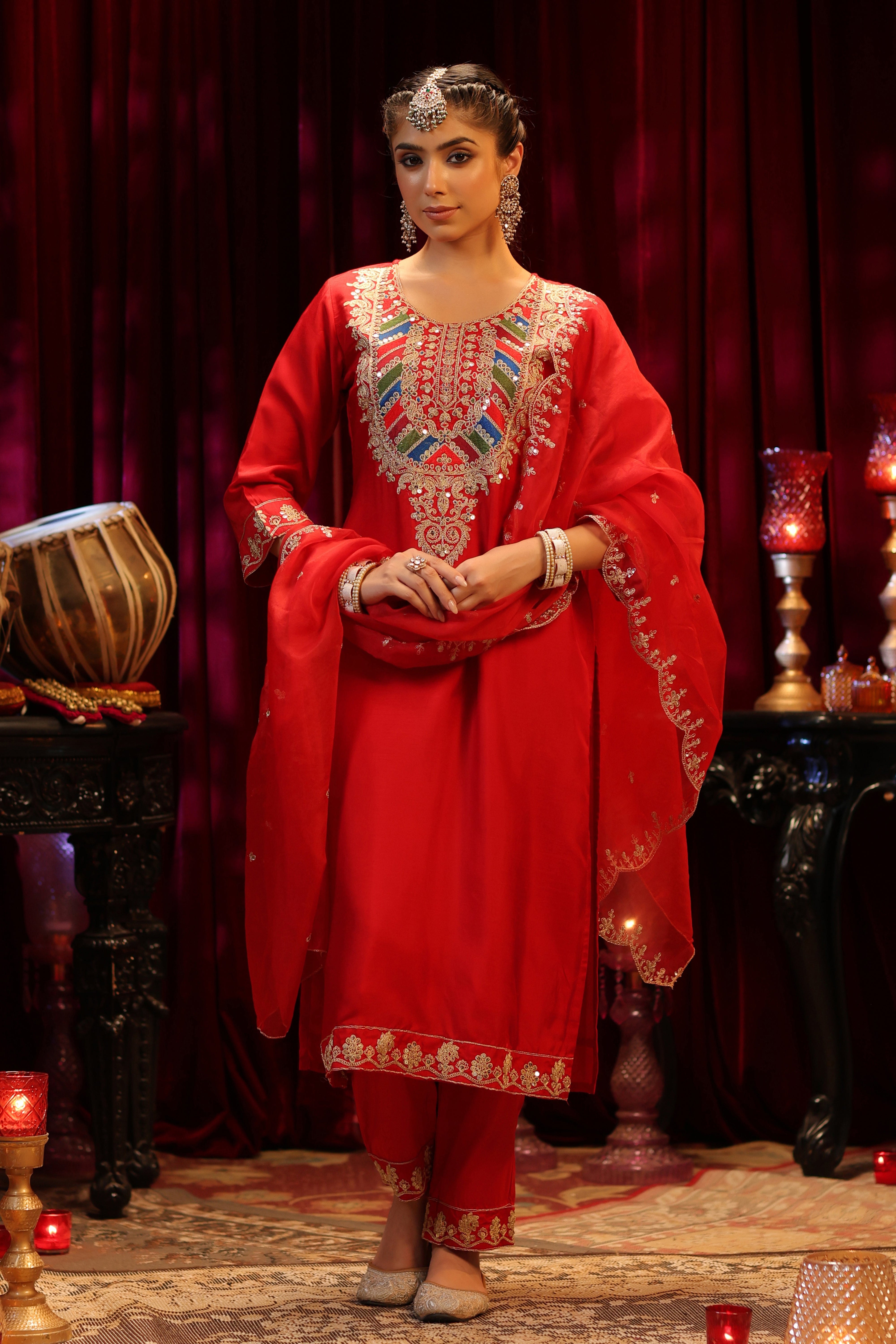 Red Dupion Silk Dori & Sequin Embroidered Suit Set