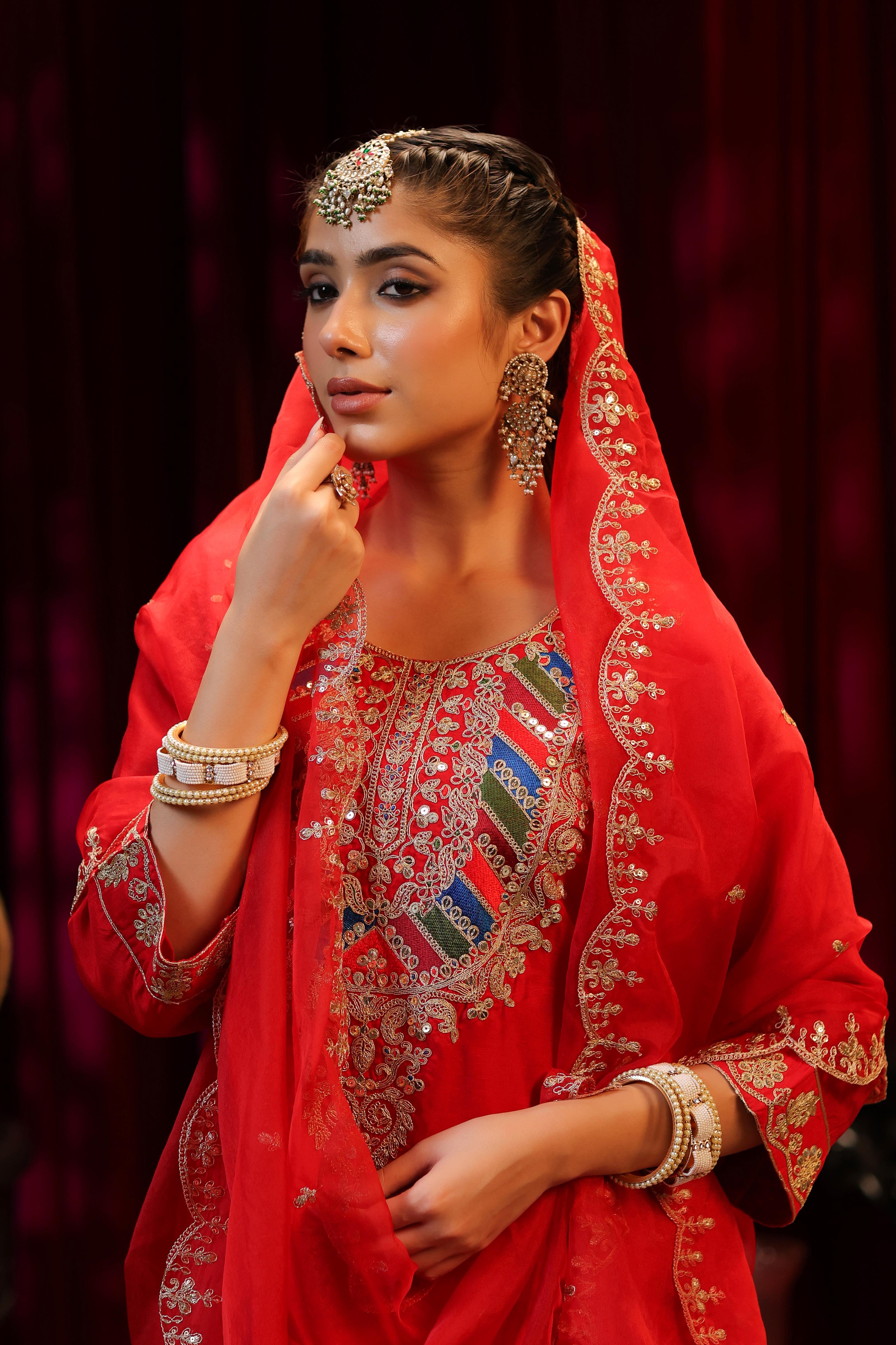 Red Dupion Silk Dori & Sequin Embroidered Suit Set