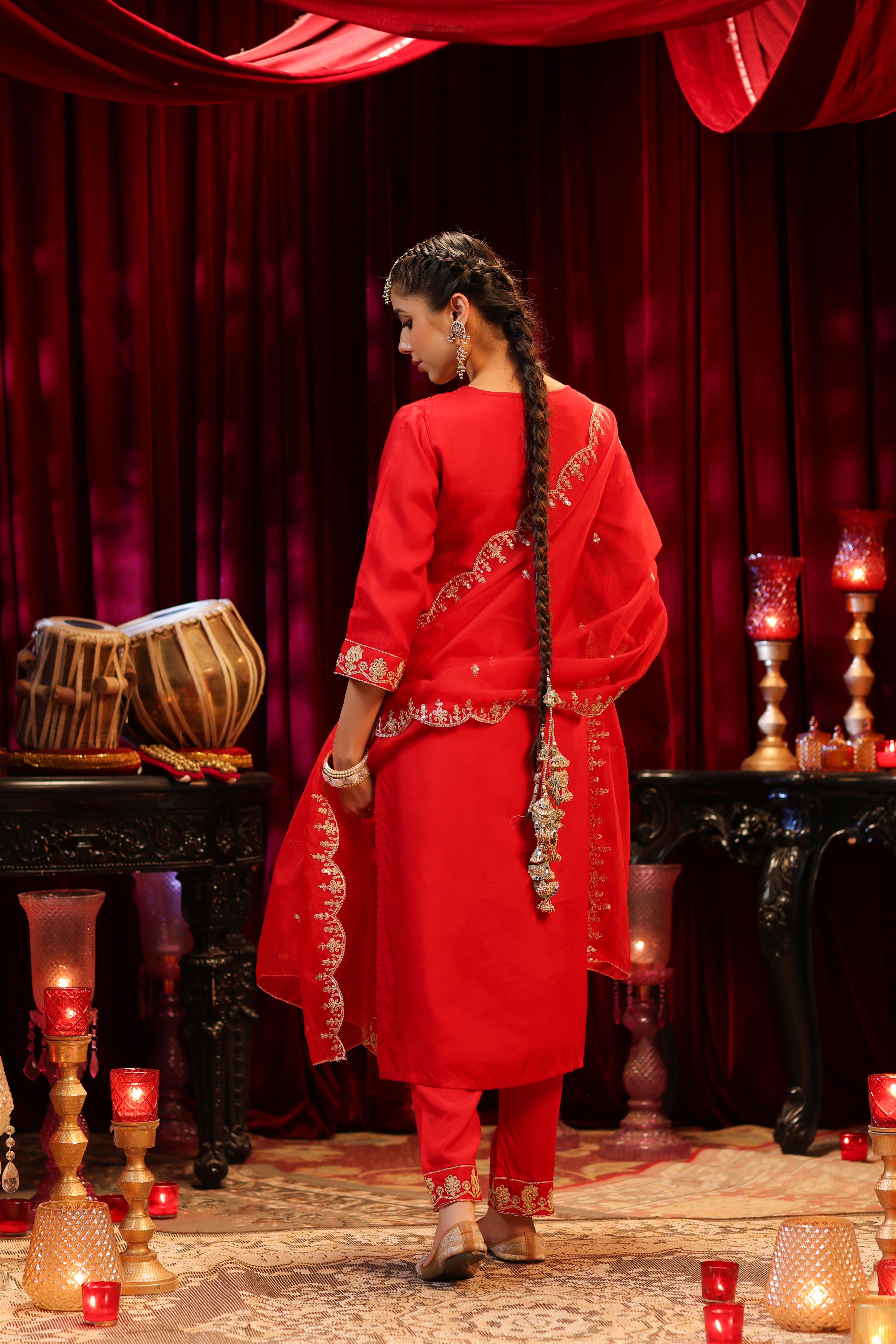 Red Dupion Silk Dori & Sequin Embroidered Suit Set