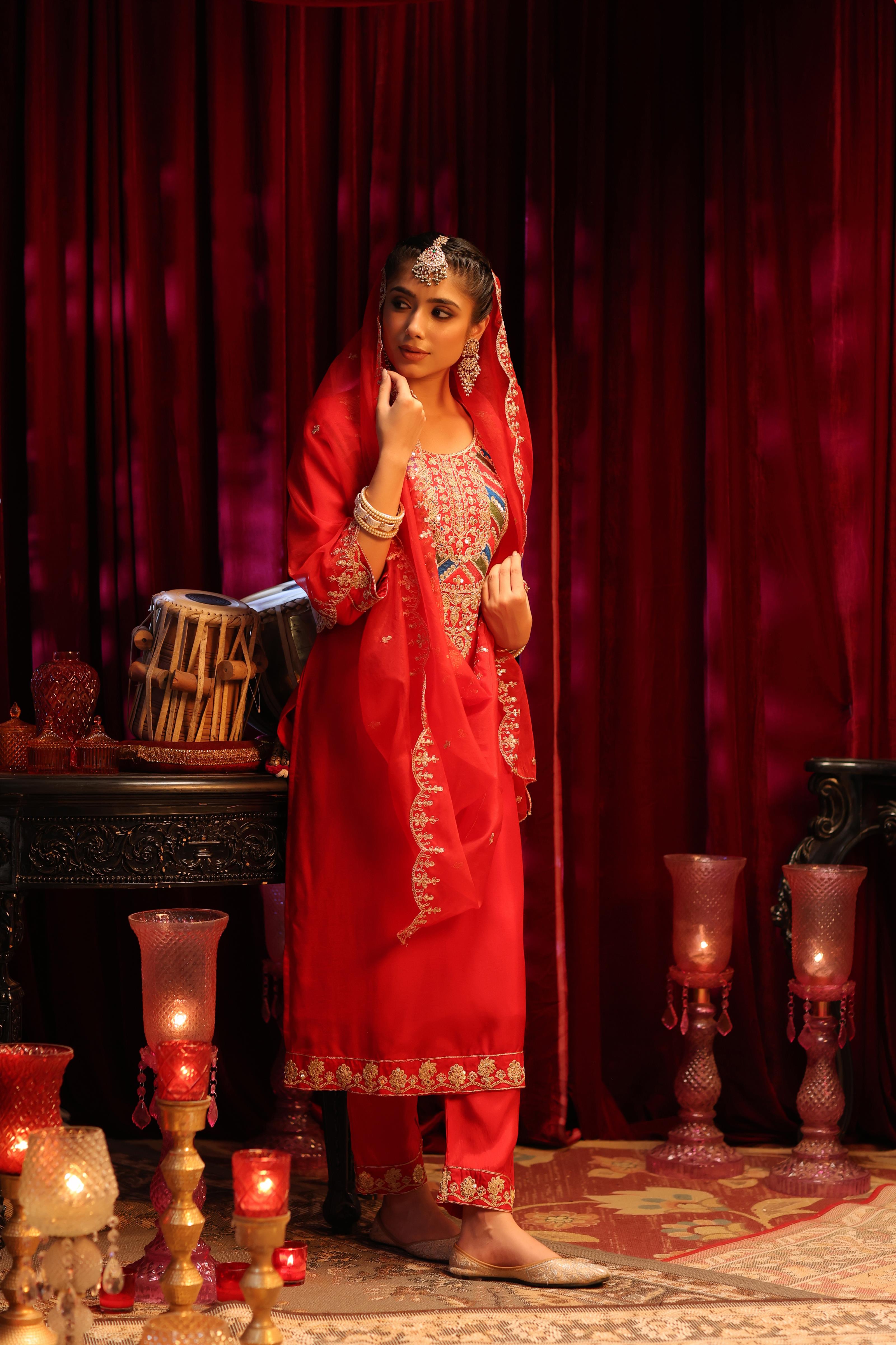 Red Dupion Silk Dori & Sequin Embroidered Suit Set