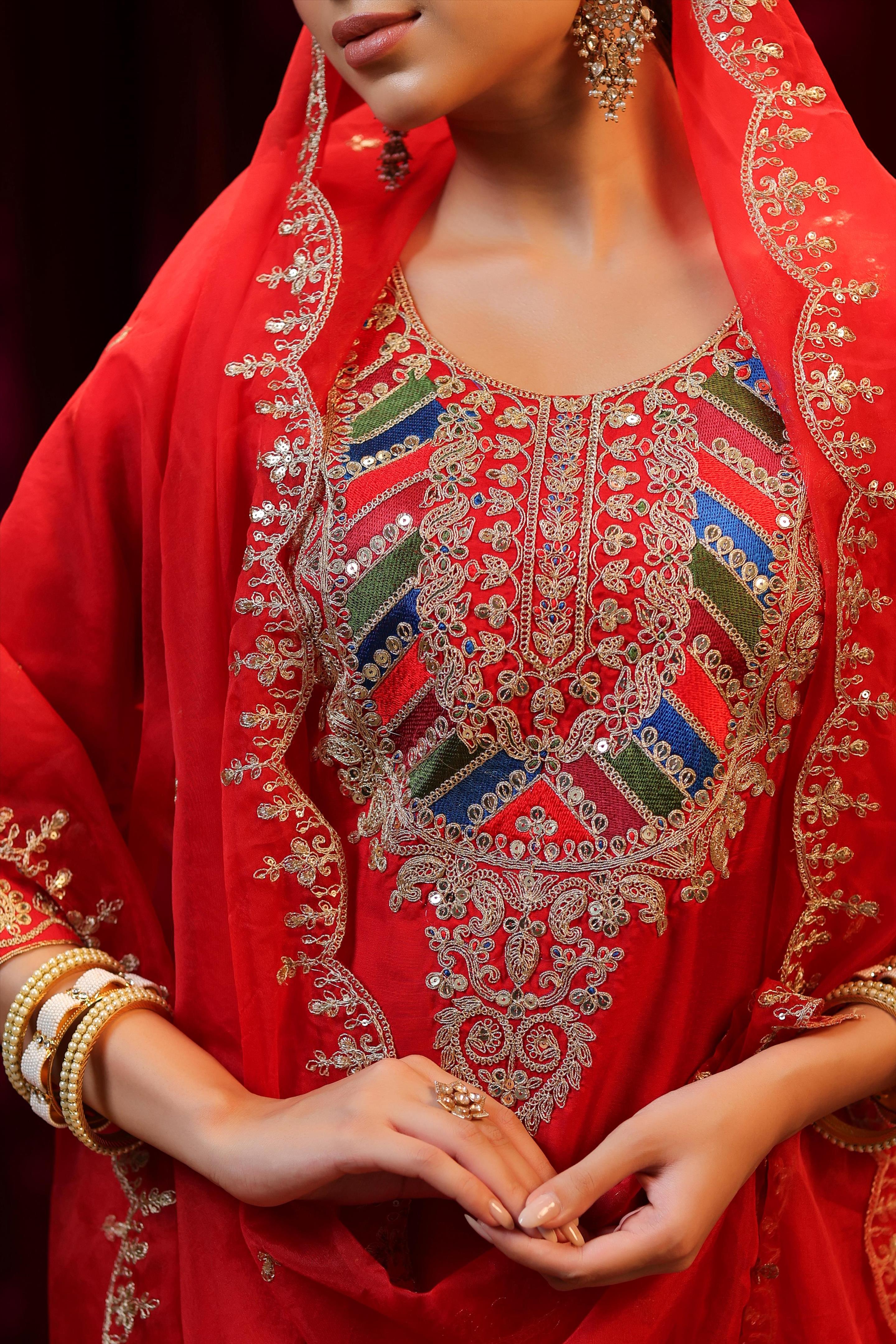 Red Dupion Silk Dori & Sequin Embroidered Suit Set