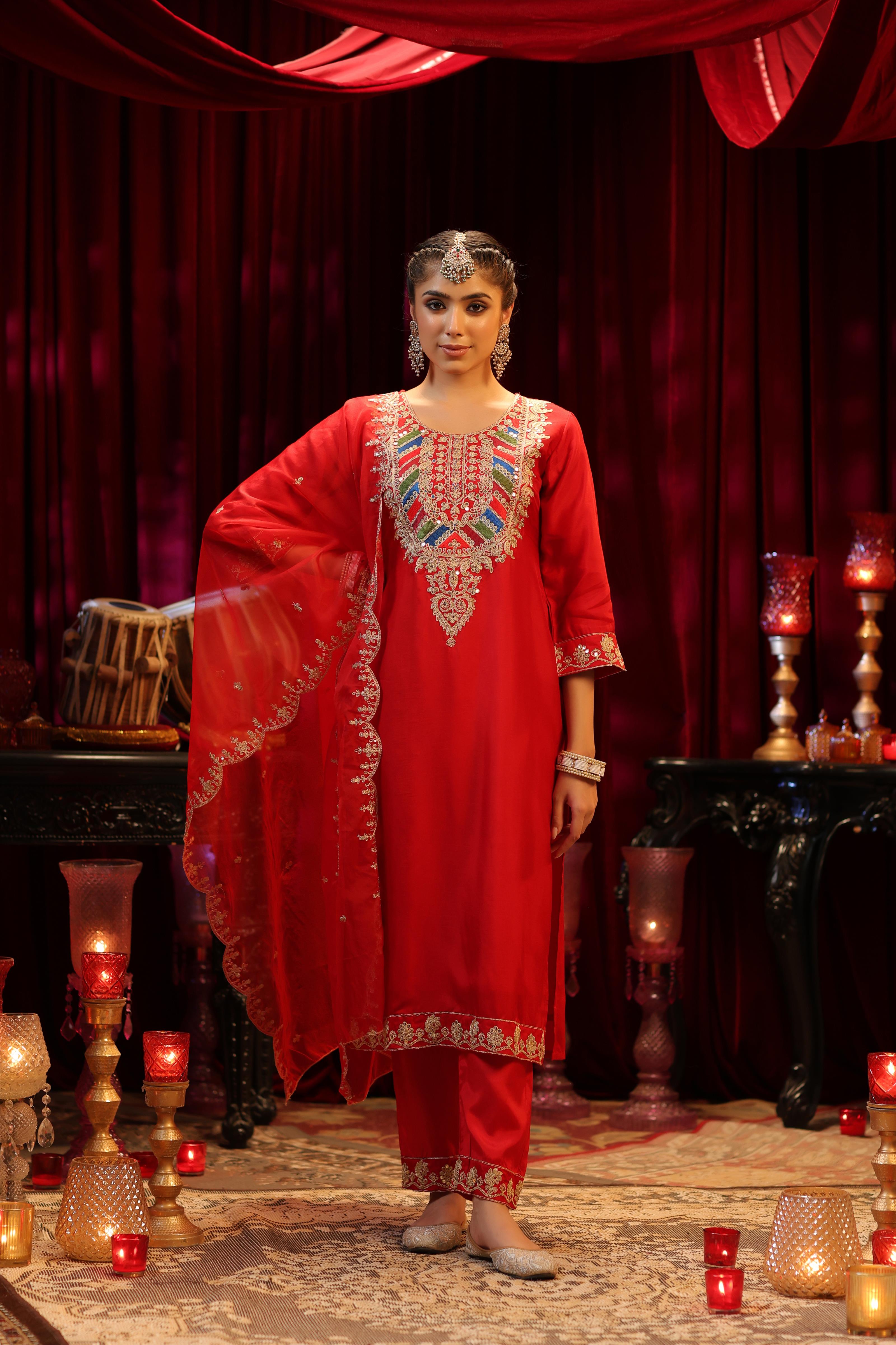 Red Dupion Silk Dori & Sequin Embroidered Suit Set