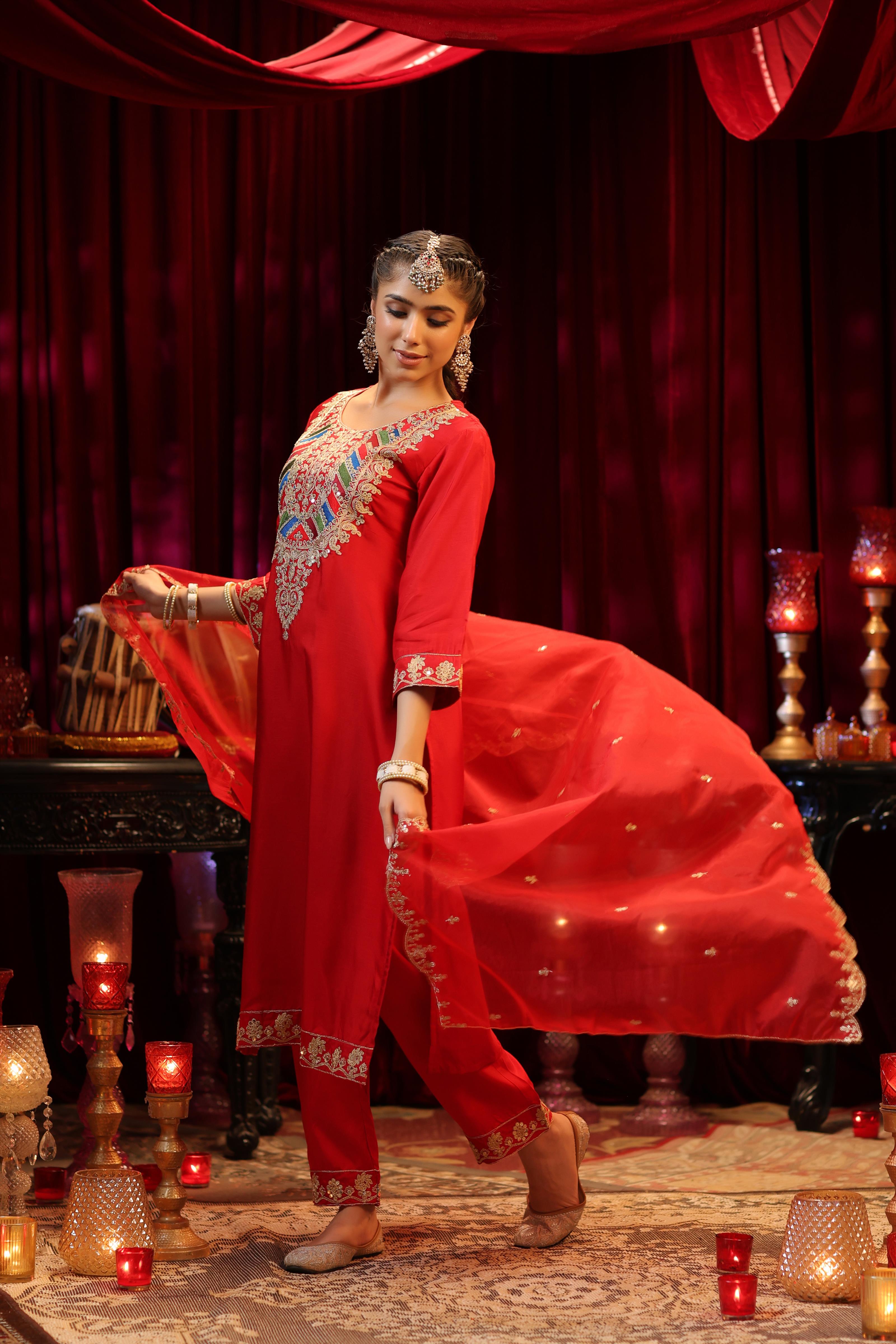 Red Dupion Silk Dori & Sequin Embroidered Suit Set