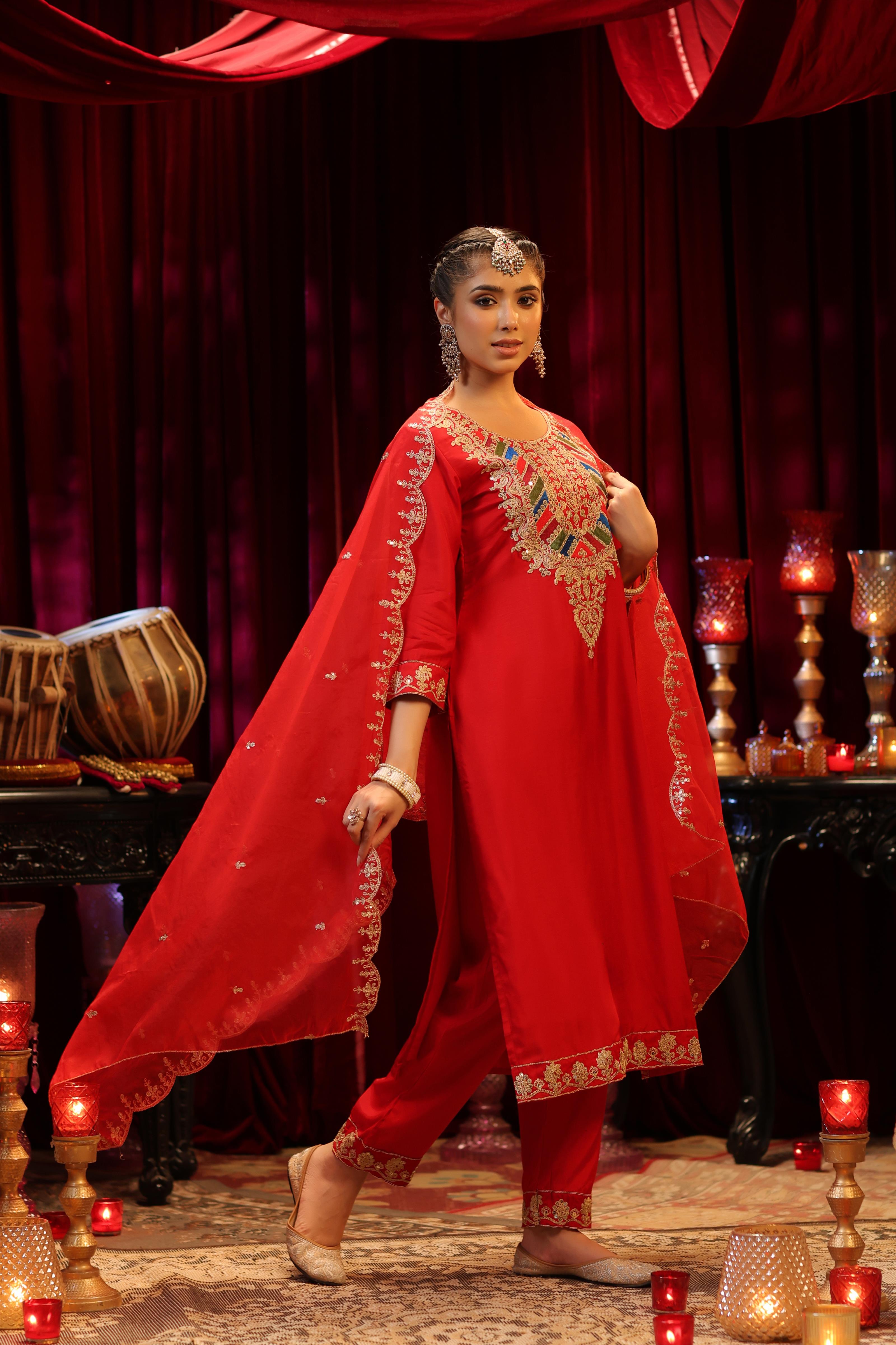 Red Dupion Silk Dori & Sequin Embroidered Suit Set