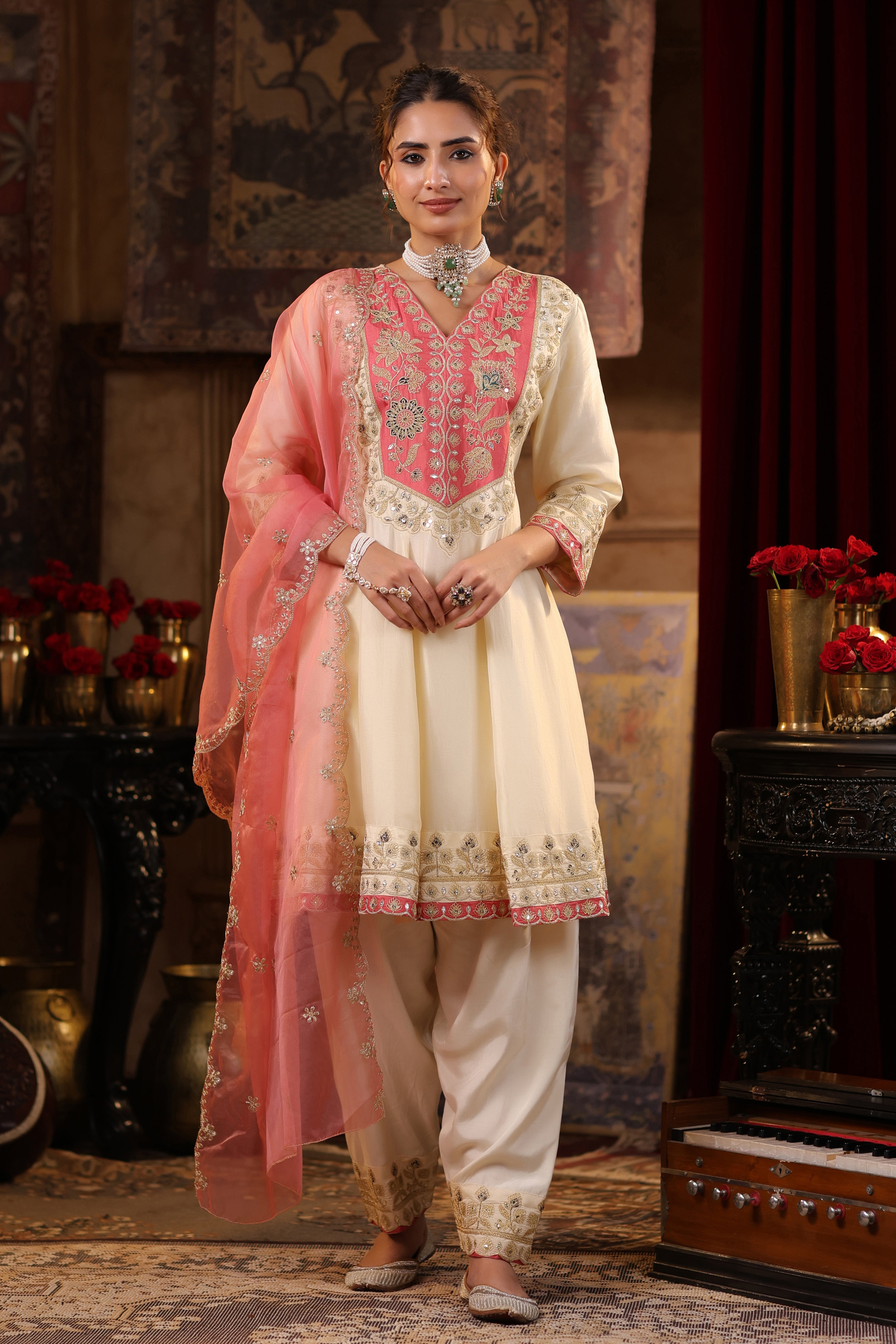 Ivory-Rose Pink Dupion Silk Dori Embroidered Anarkali Set