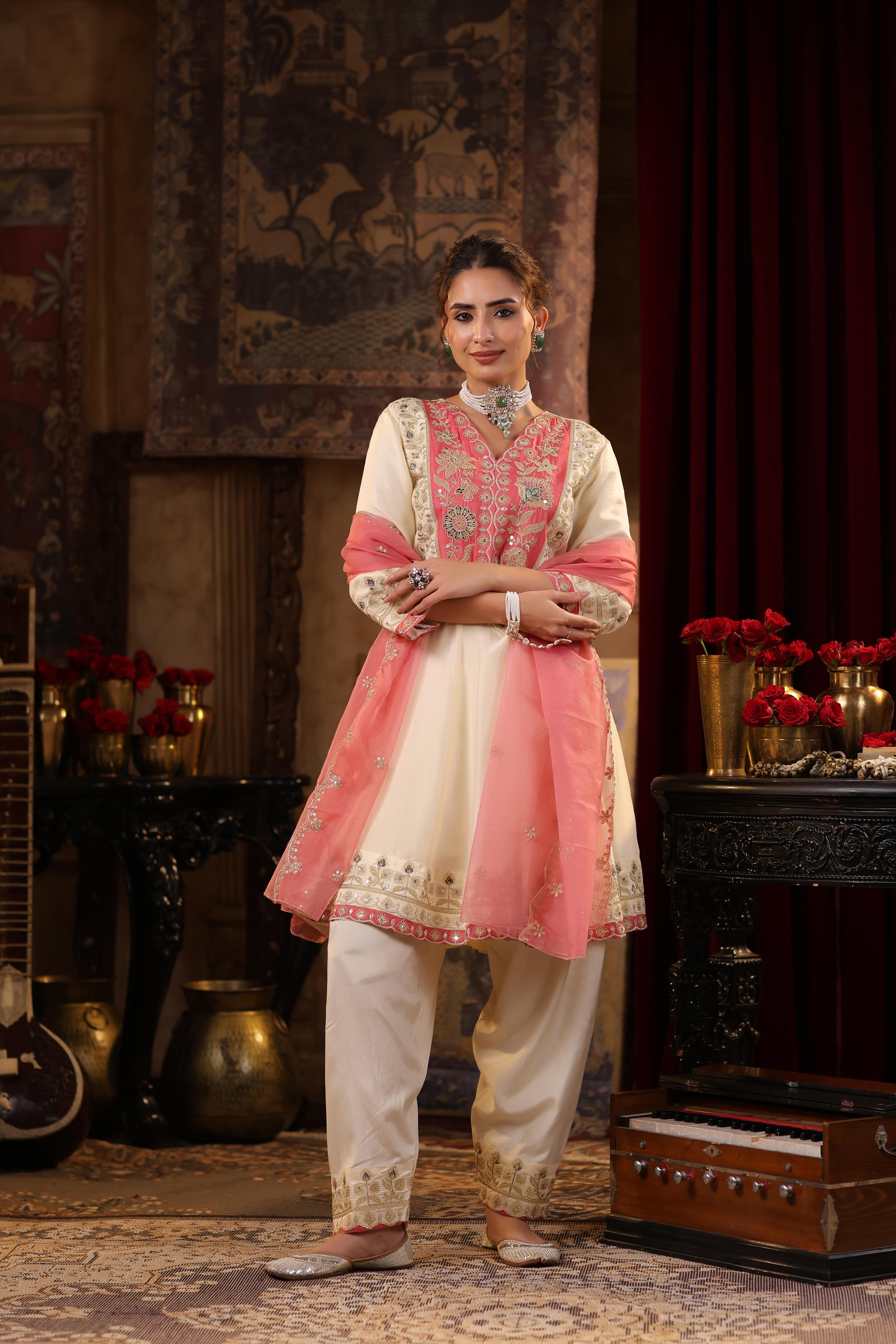 Ivory-Rose Pink Dupion Silk Dori Embroidered Anarkali Set