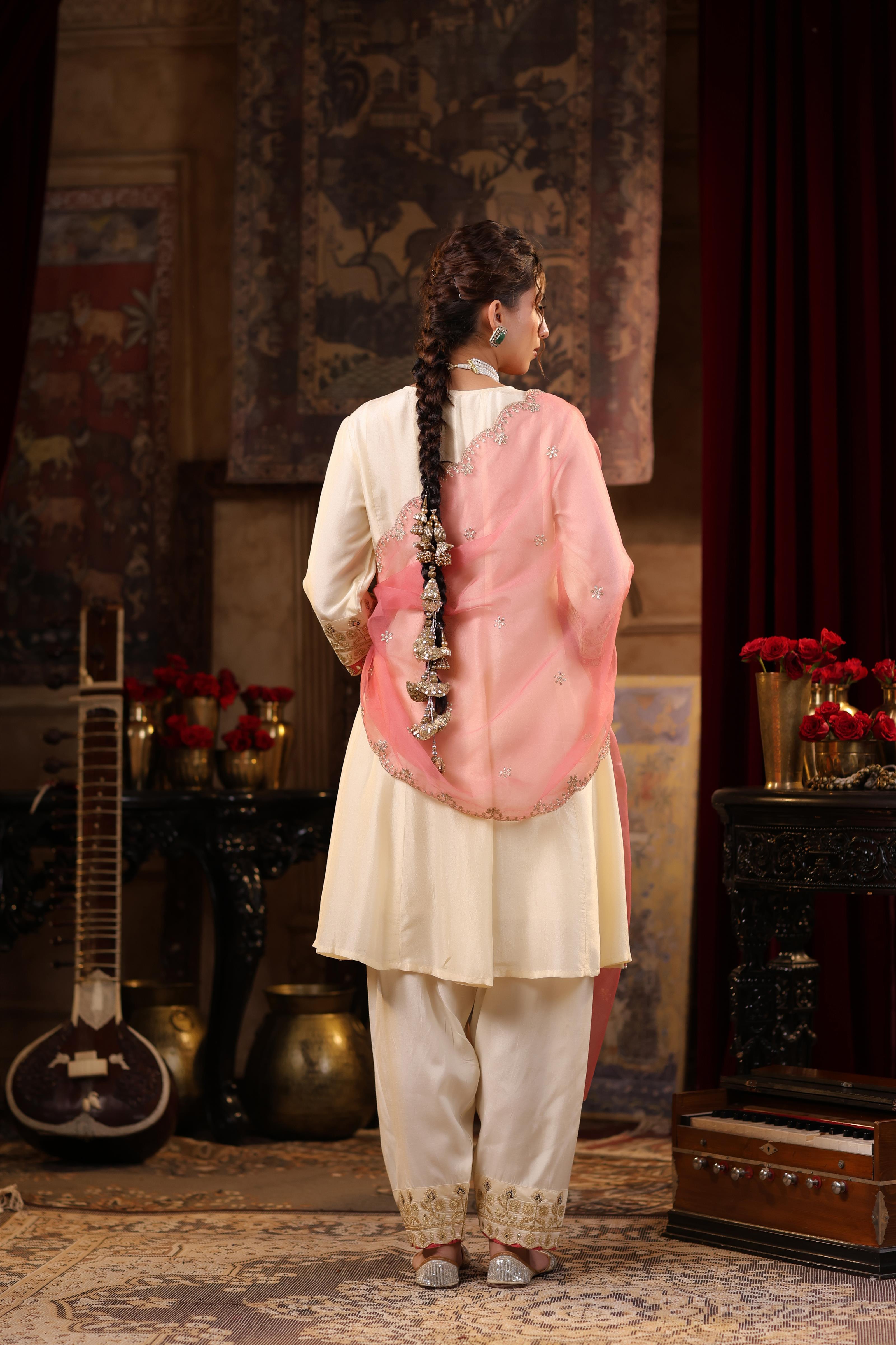 Ivory-Rose Pink Dupion Silk Dori Embroidered Anarkali Set