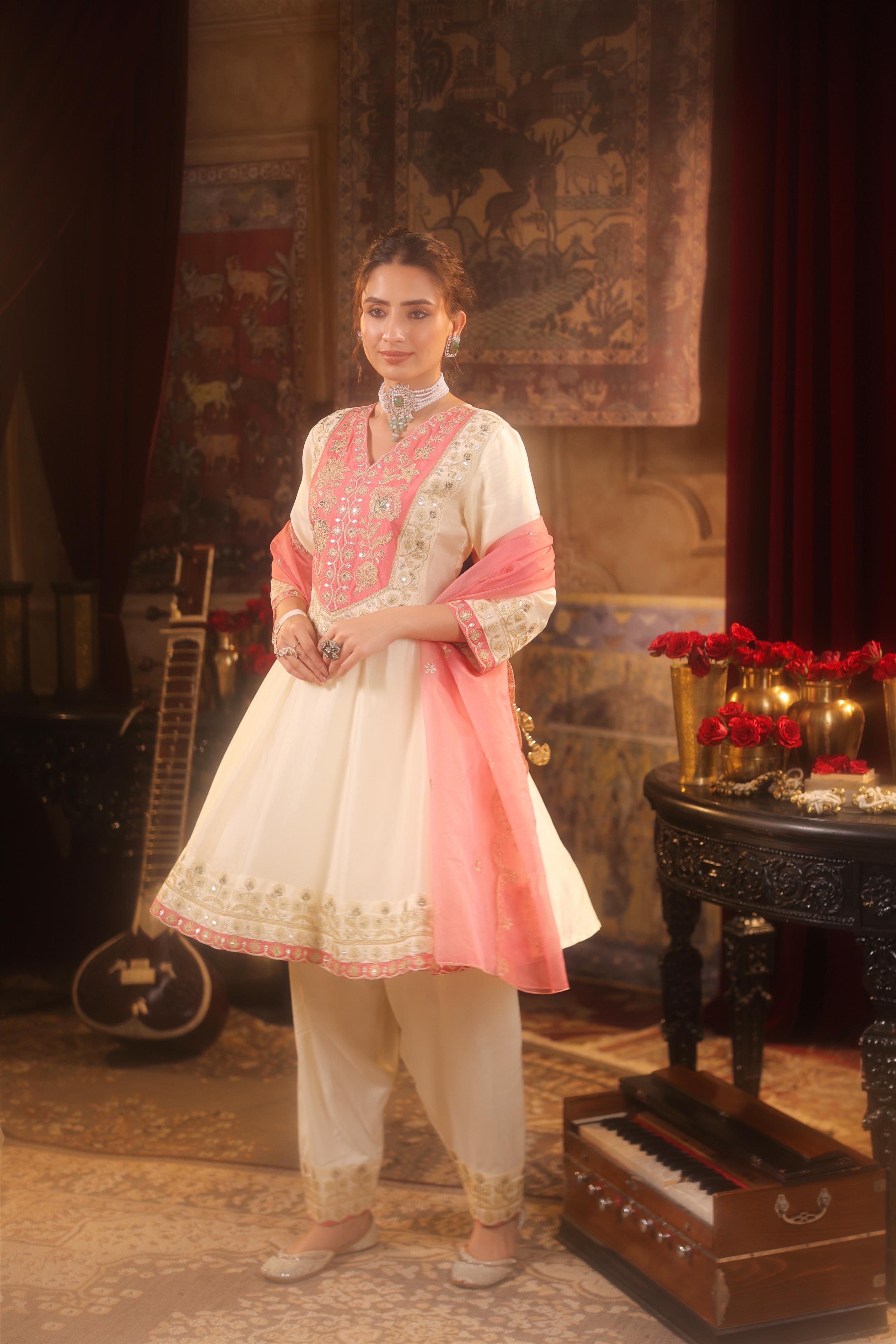 Ivory-Rose Pink Dupion Silk Dori Embroidered Anarkali Set