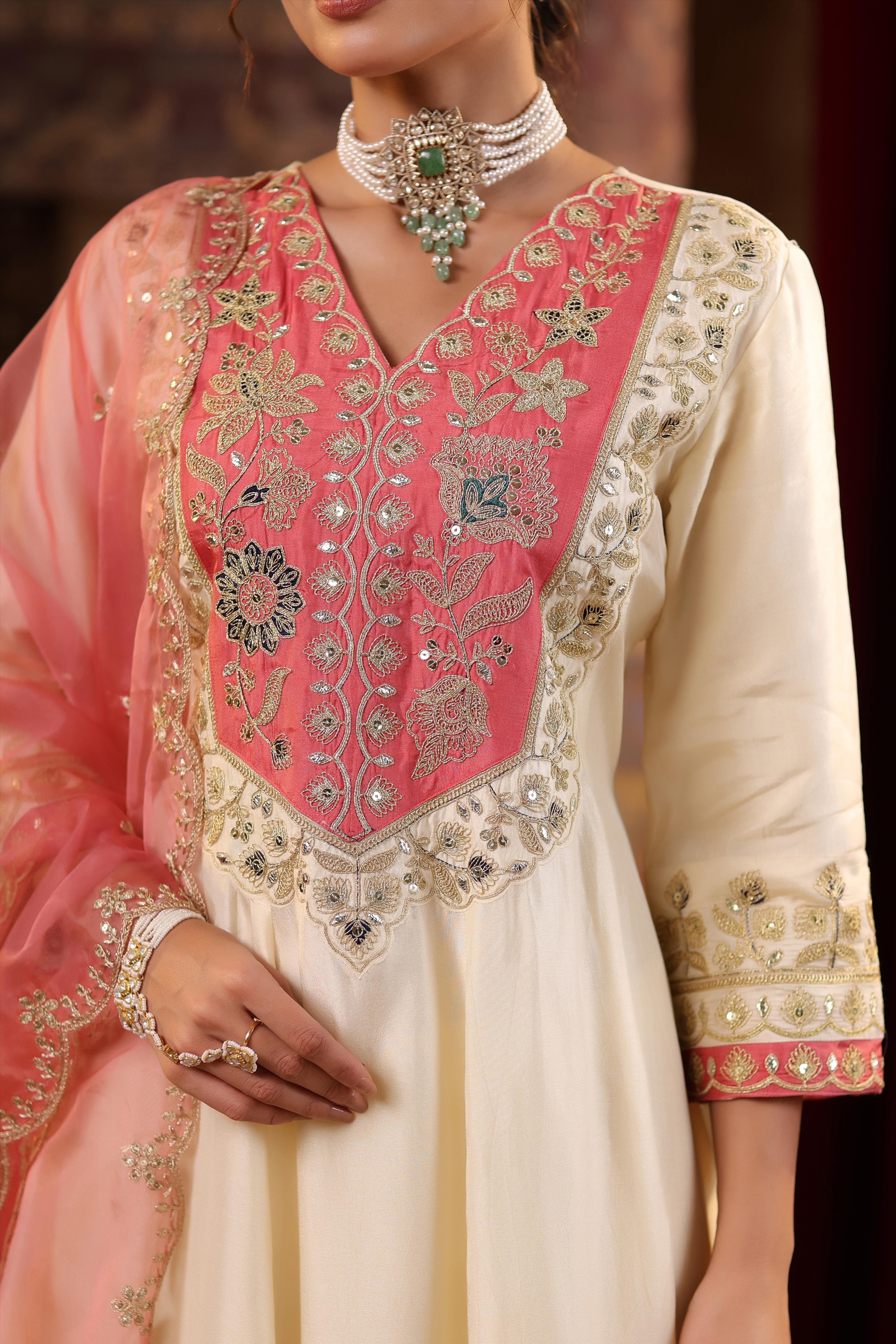 Ivory-Rose Pink Dupion Silk Dori Embroidered Anarkali Set