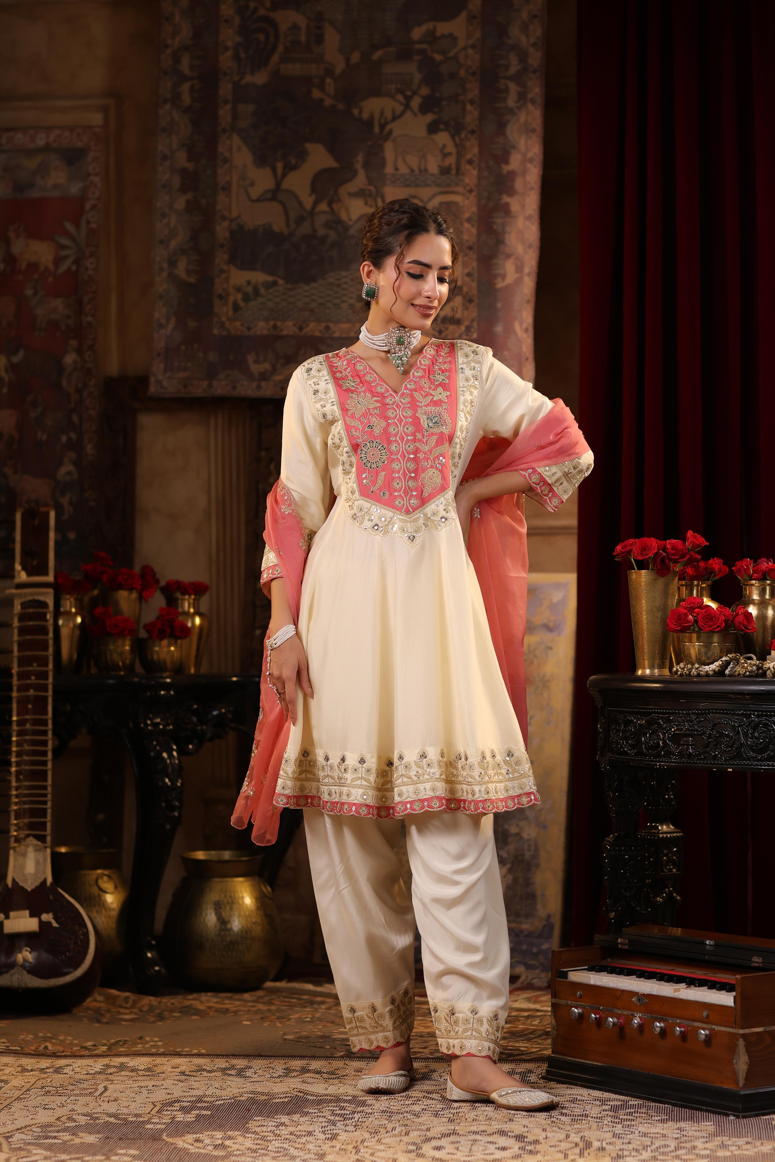 Ivory-Rose Pink Dupion Silk Dori Embroidered Anarkali Set