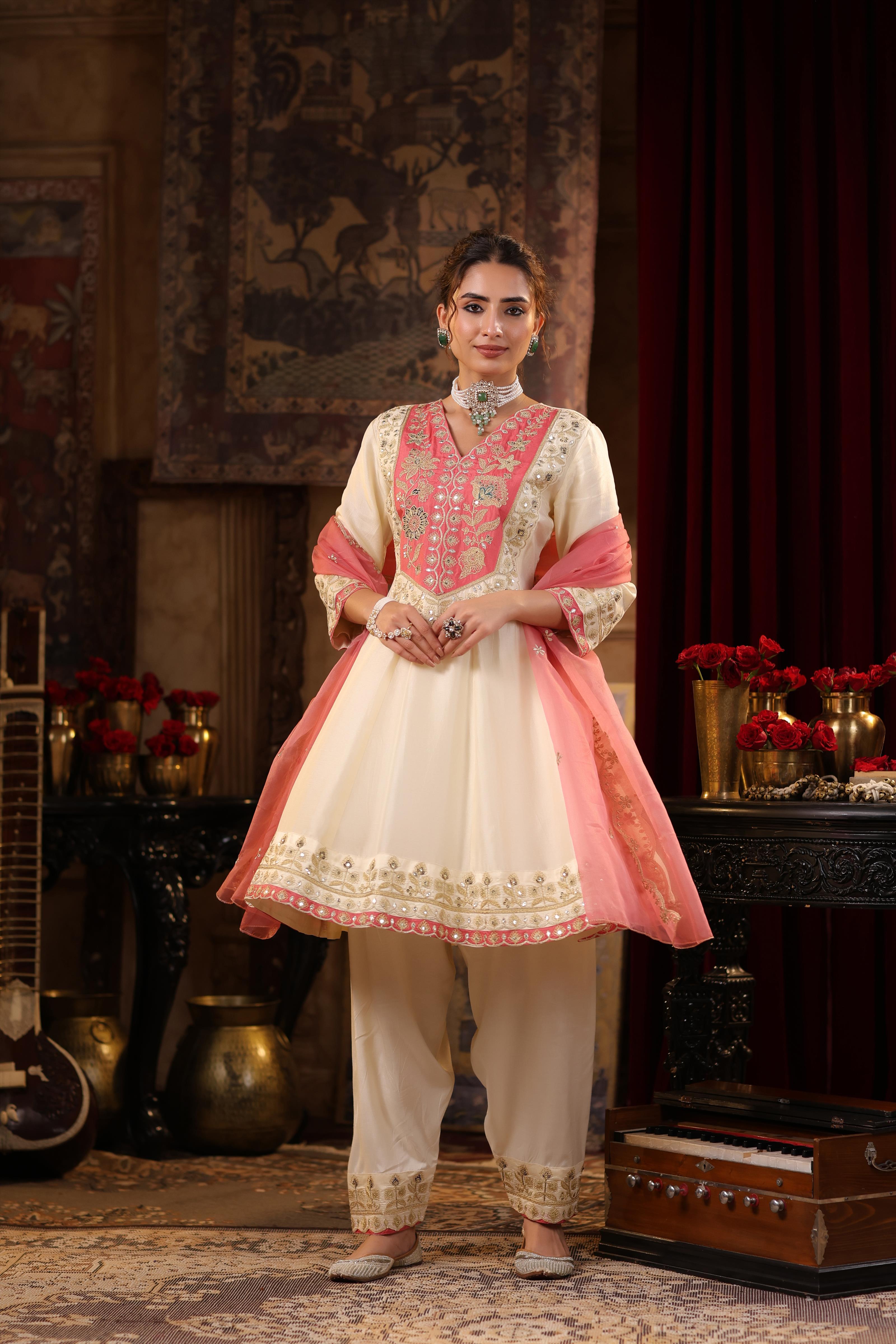 Ivory-Rose Pink Dupion Silk Dori Embroidered Anarkali Set