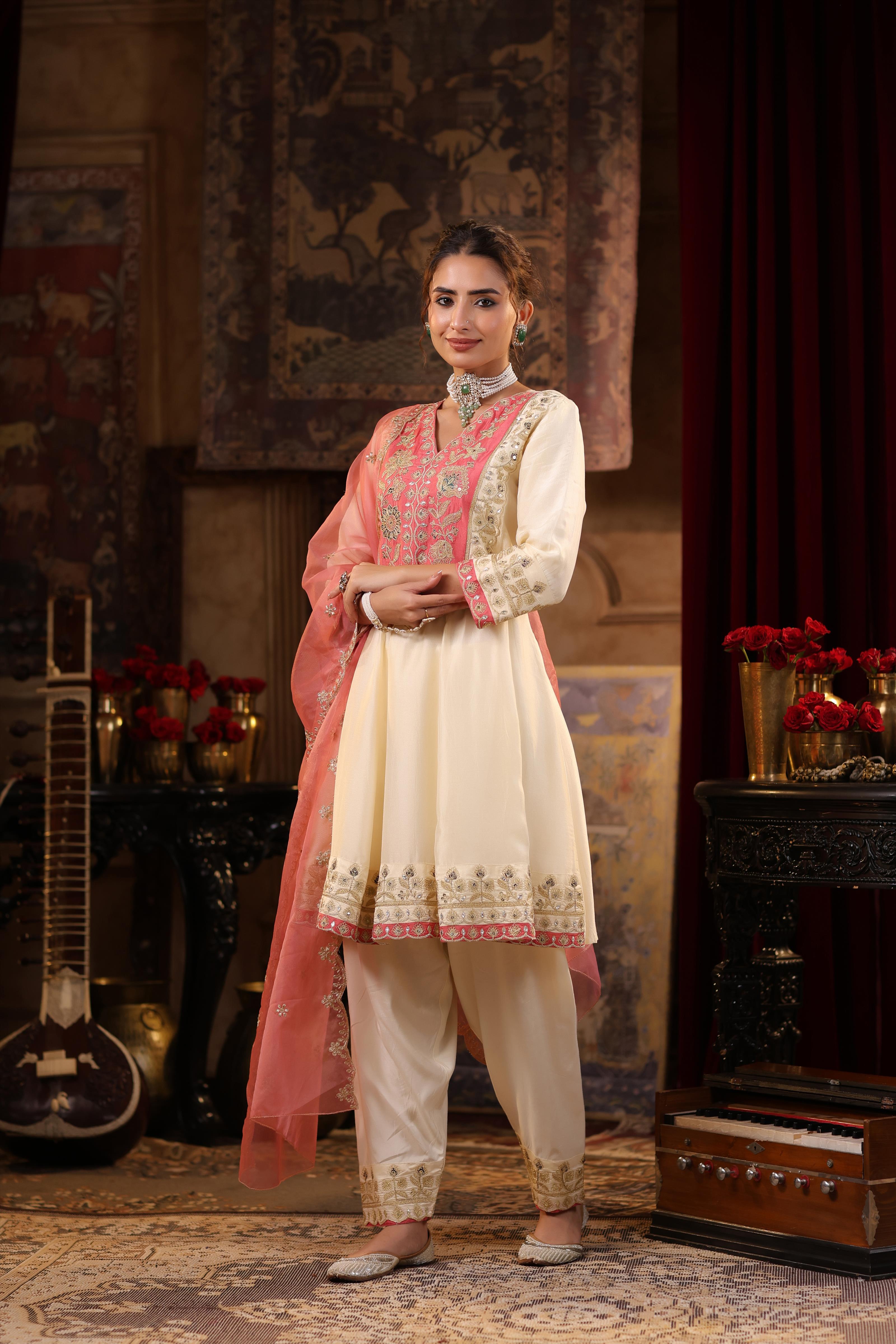 Ivory-Rose Pink Dupion Silk Dori Embroidered Anarkali Set