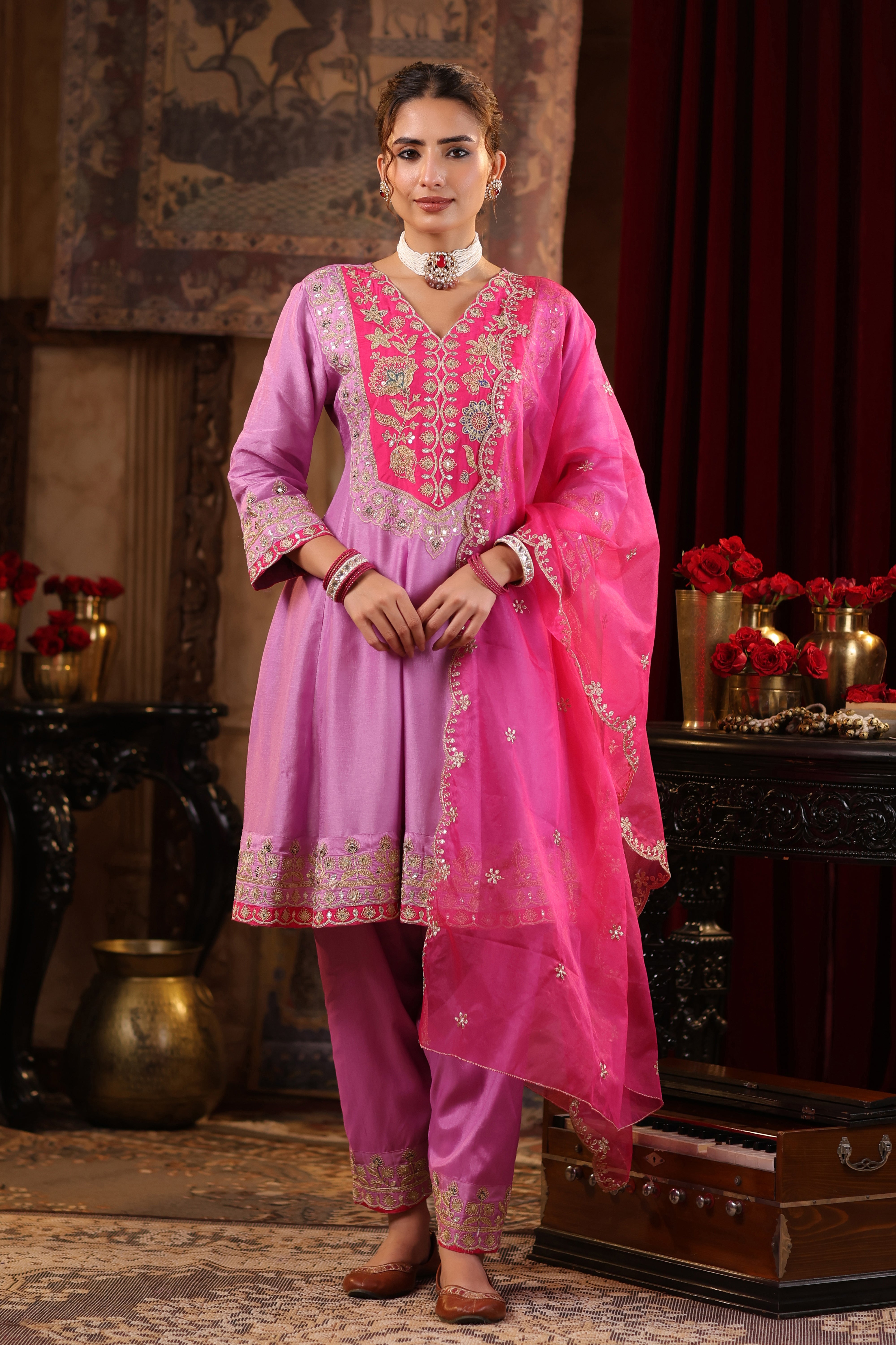 Mauve-Fuchsia Dupion Silk Dori Embroidered Anarkali Set