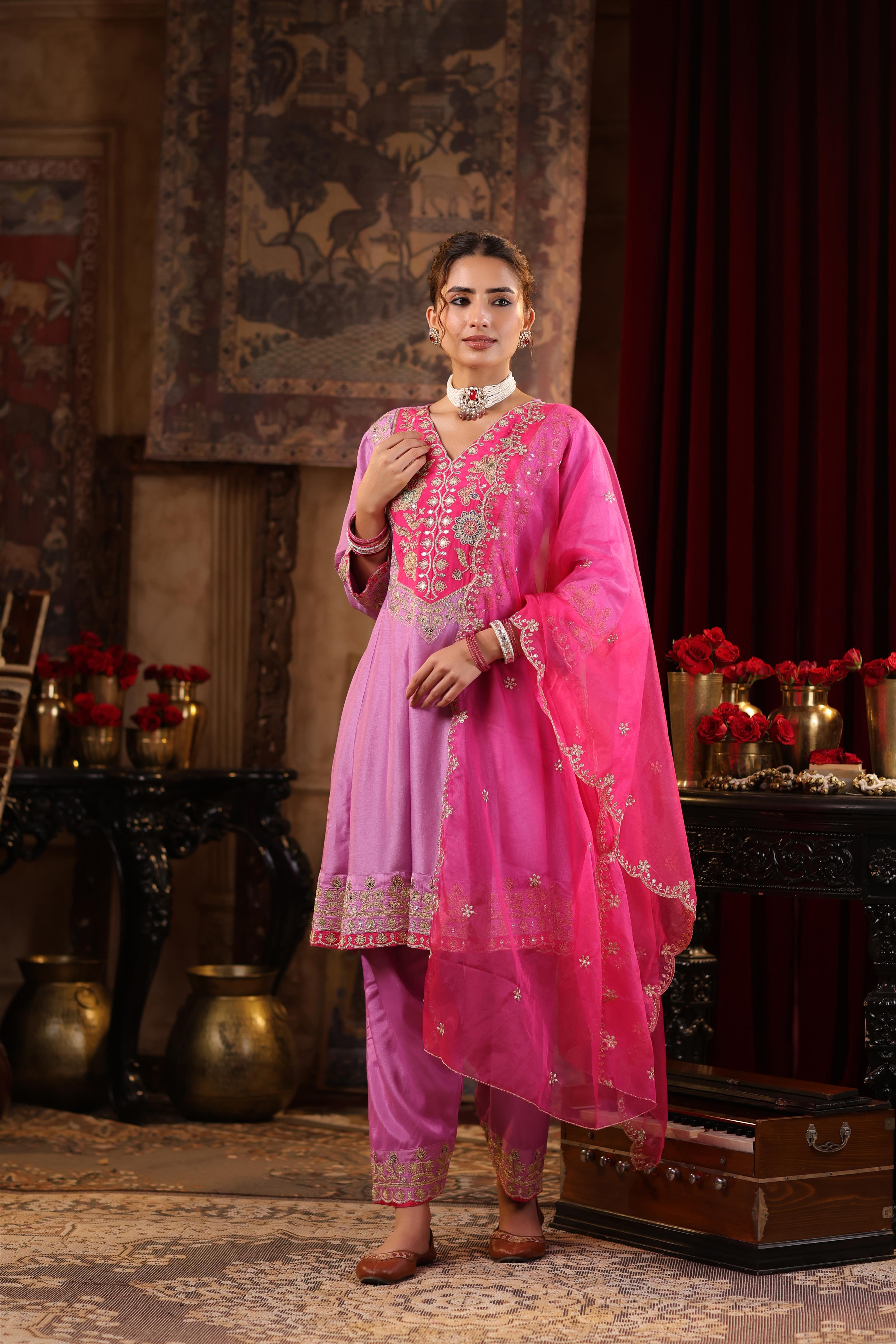 Mauve-Fuchsia Dupion Silk Dori Embroidered Anarkali Set