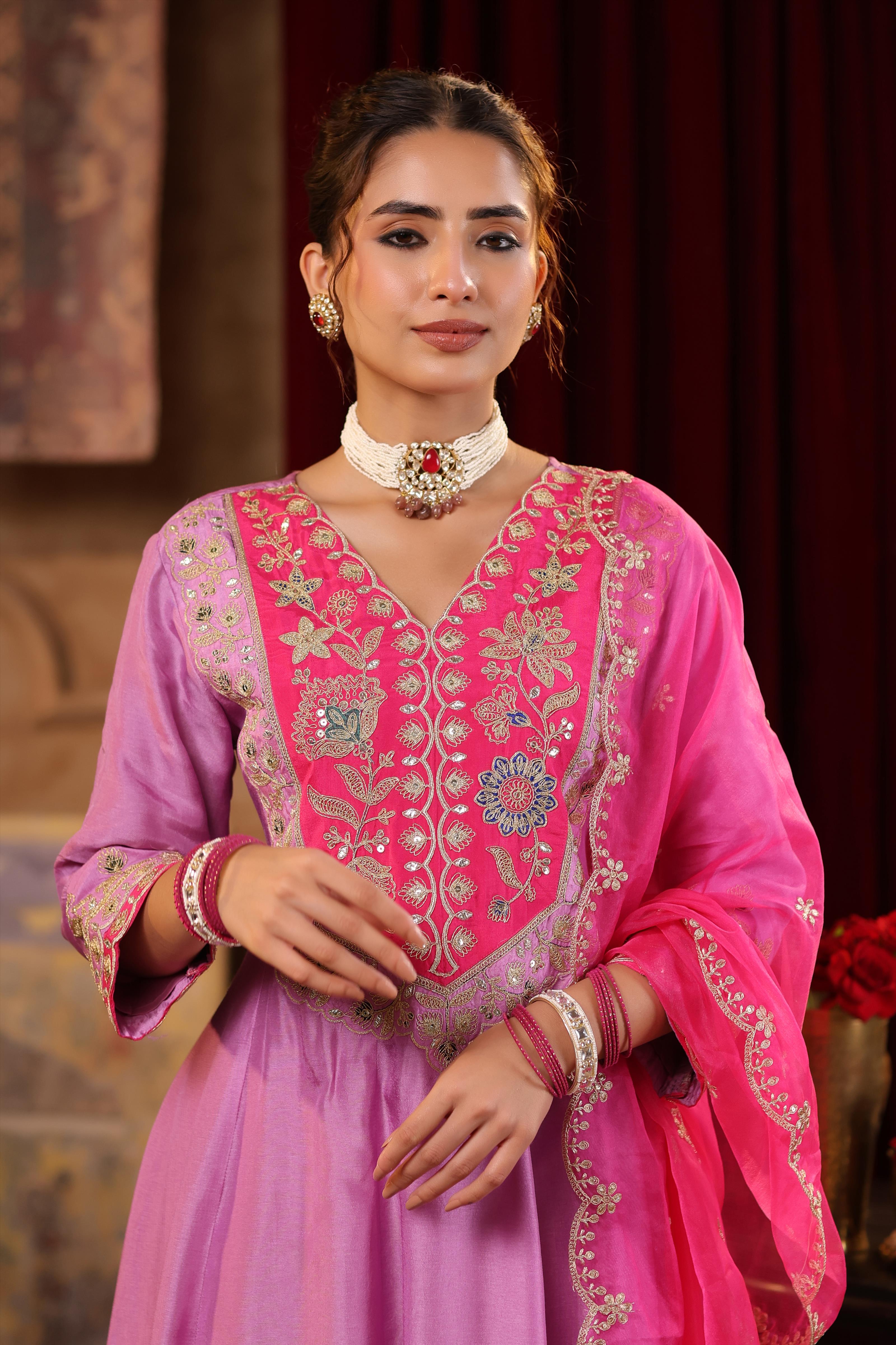 Mauve-Fuchsia Dupion Silk Dori Embroidered Anarkali Set