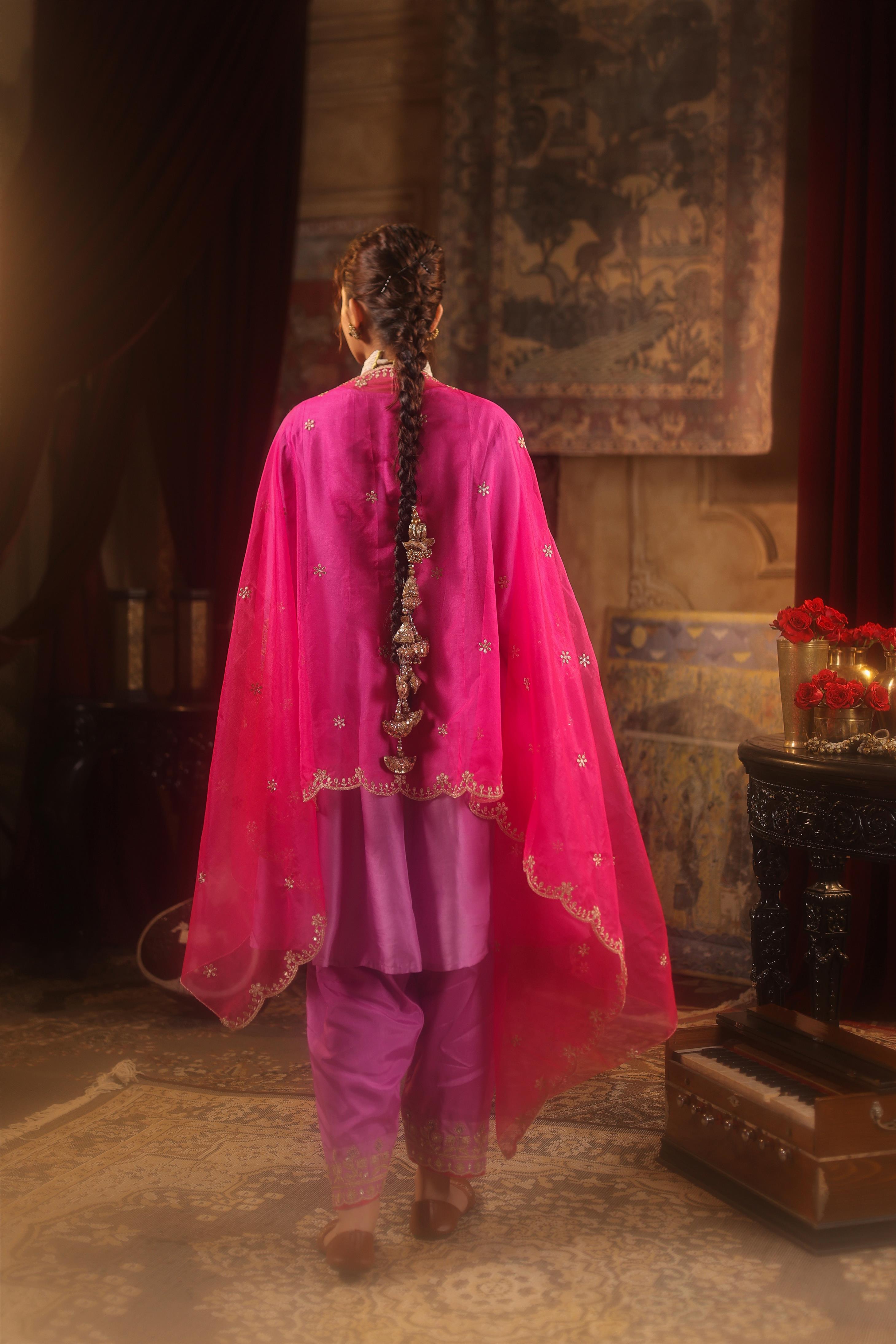 Mauve-Fuchsia Dupion Silk Dori Embroidered Anarkali Set