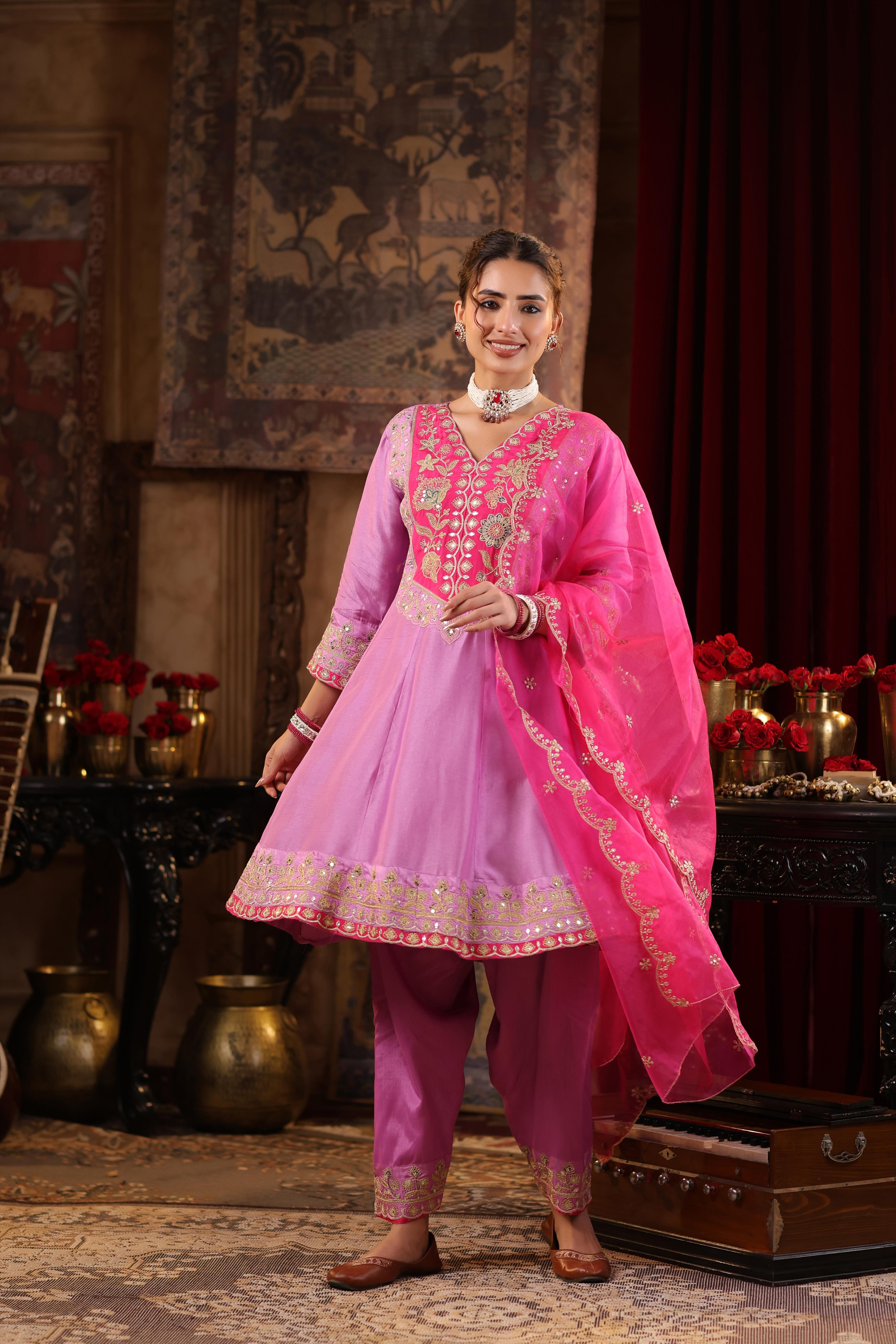 Mauve-Fuchsia Dupion Silk Dori Embroidered Anarkali Set