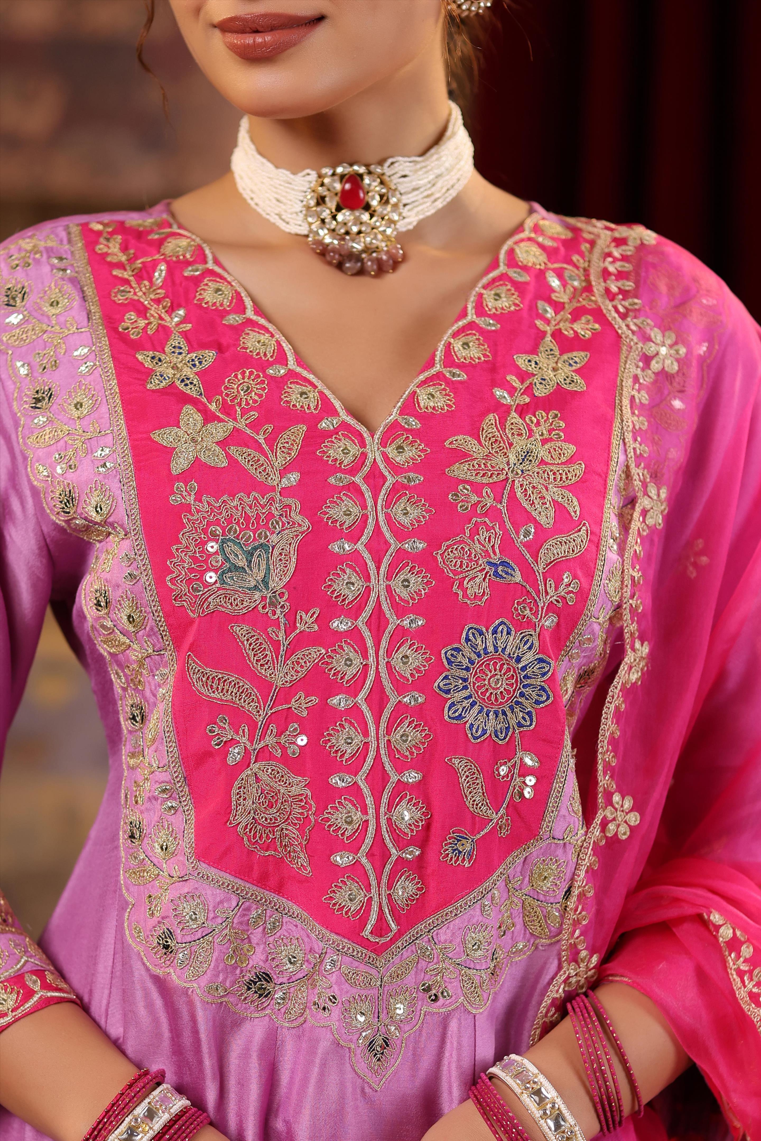 Mauve-Fuchsia Dupion Silk Dori Embroidered Anarkali Set