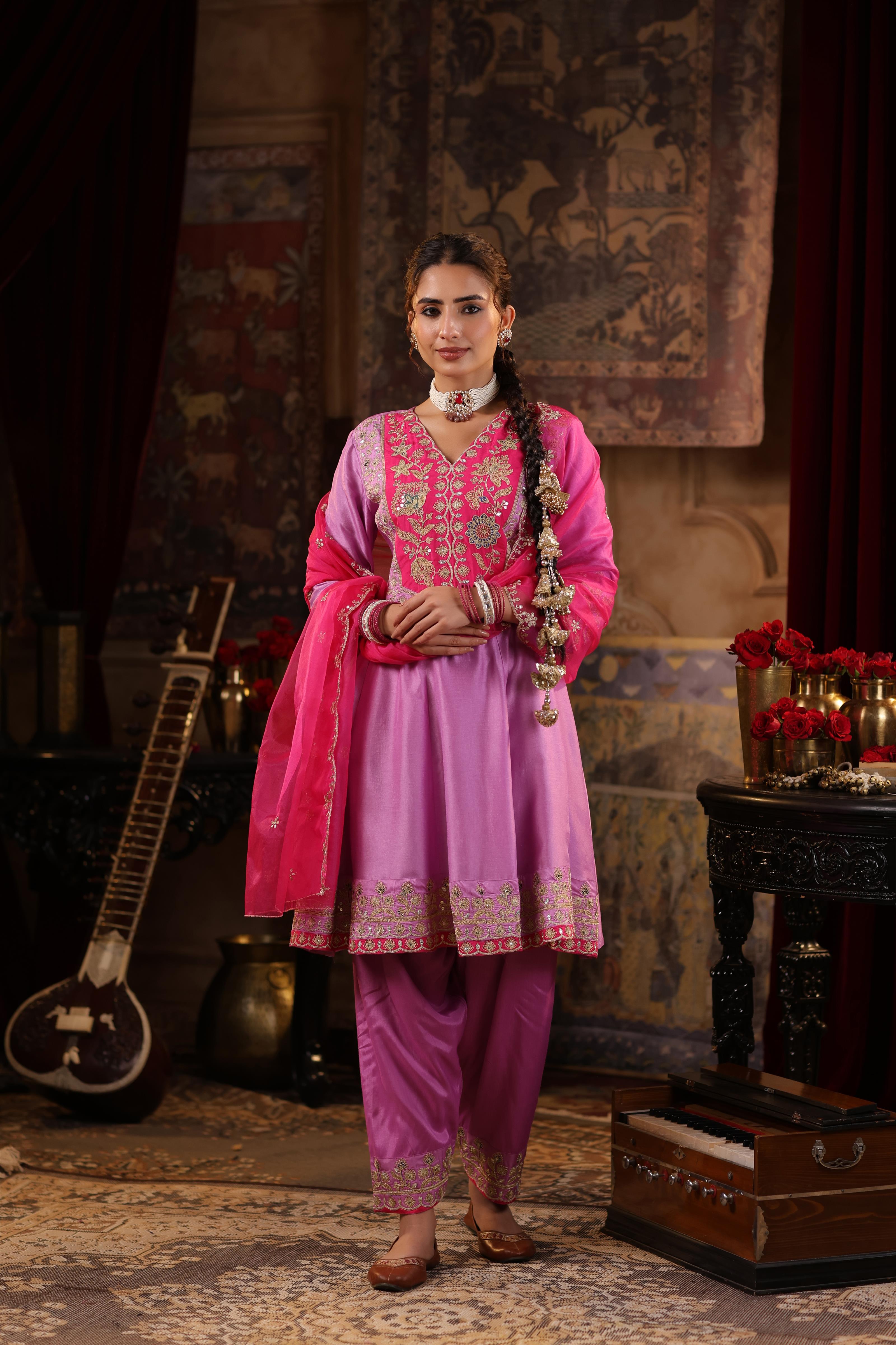 Mauve-Fuchsia Dupion Silk Dori Embroidered Anarkali Set