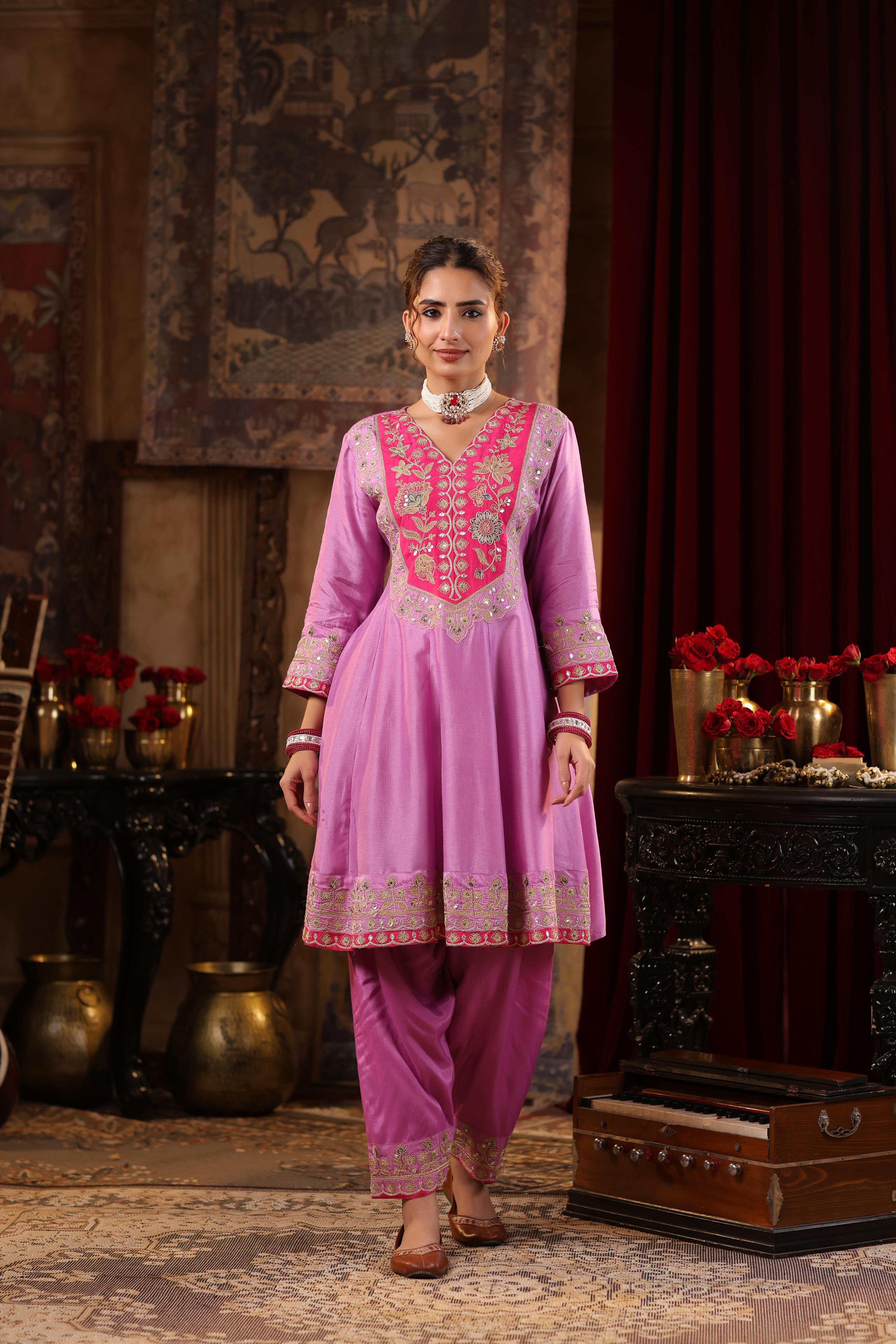 Mauve-Fuchsia Dupion Silk Dori Embroidered Anarkali Set