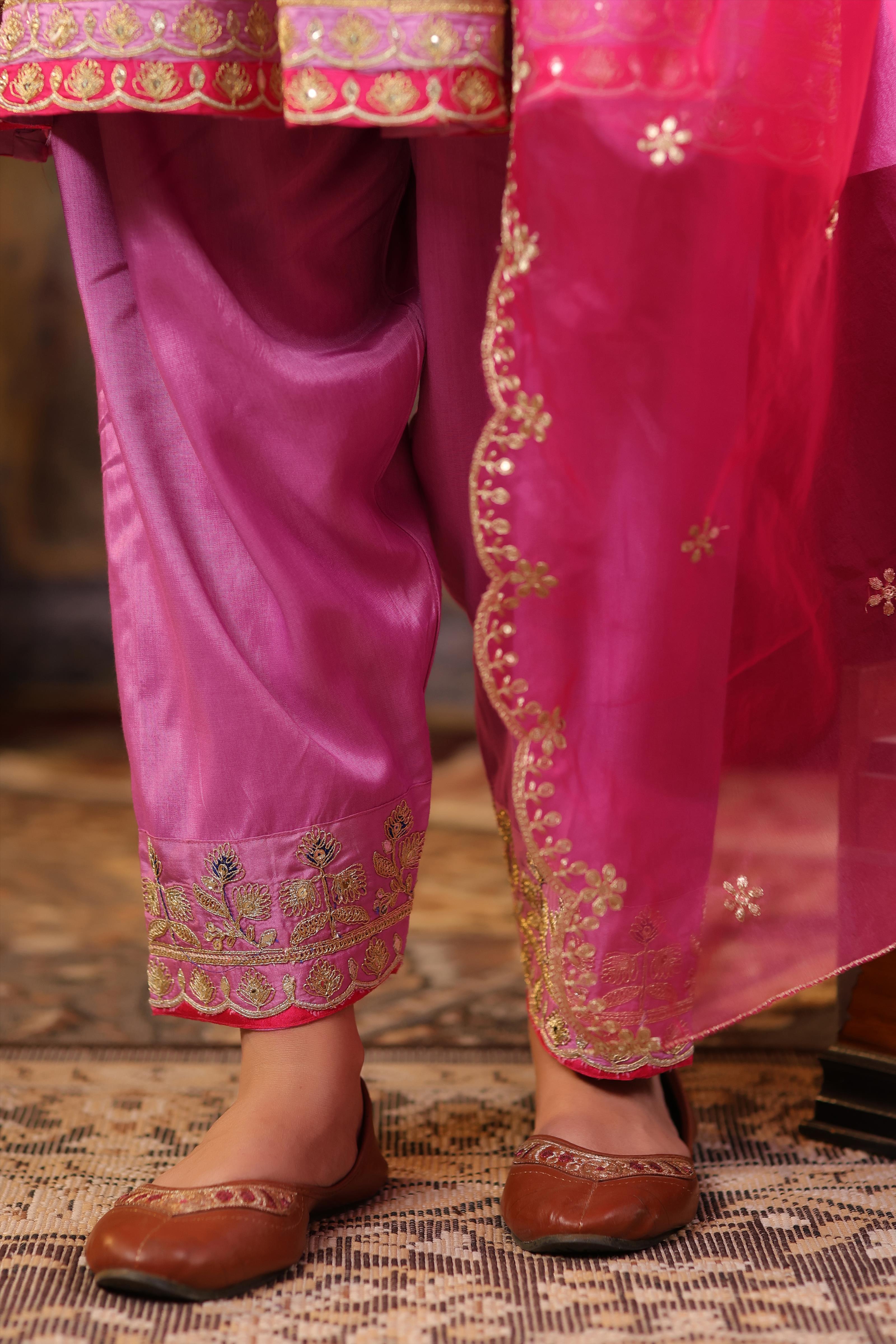 Mauve-Fuchsia Dupion Silk Dori Embroidered Anarkali Set