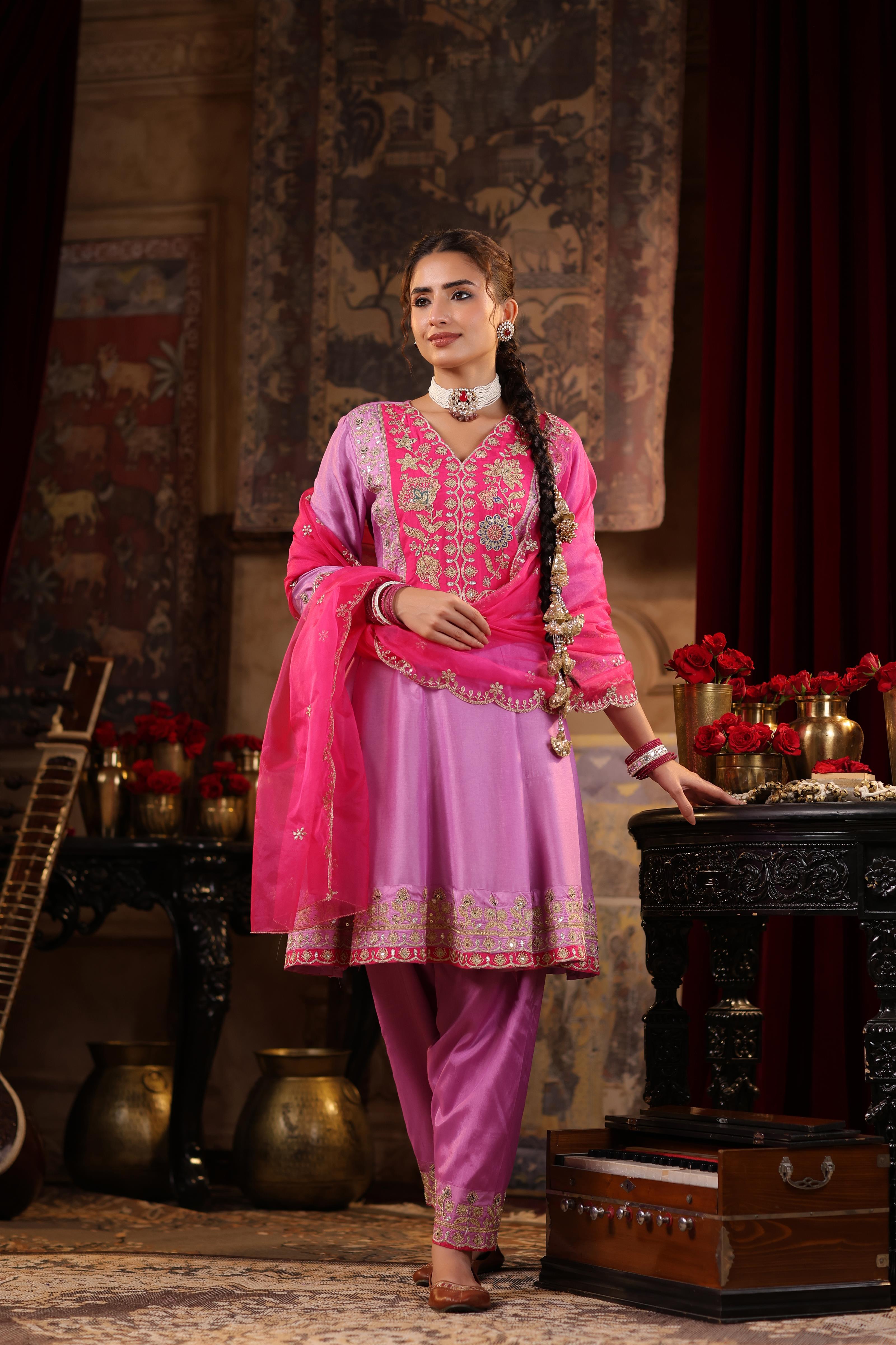 Mauve-Fuchsia Dupion Silk Dori Embroidered Anarkali Set