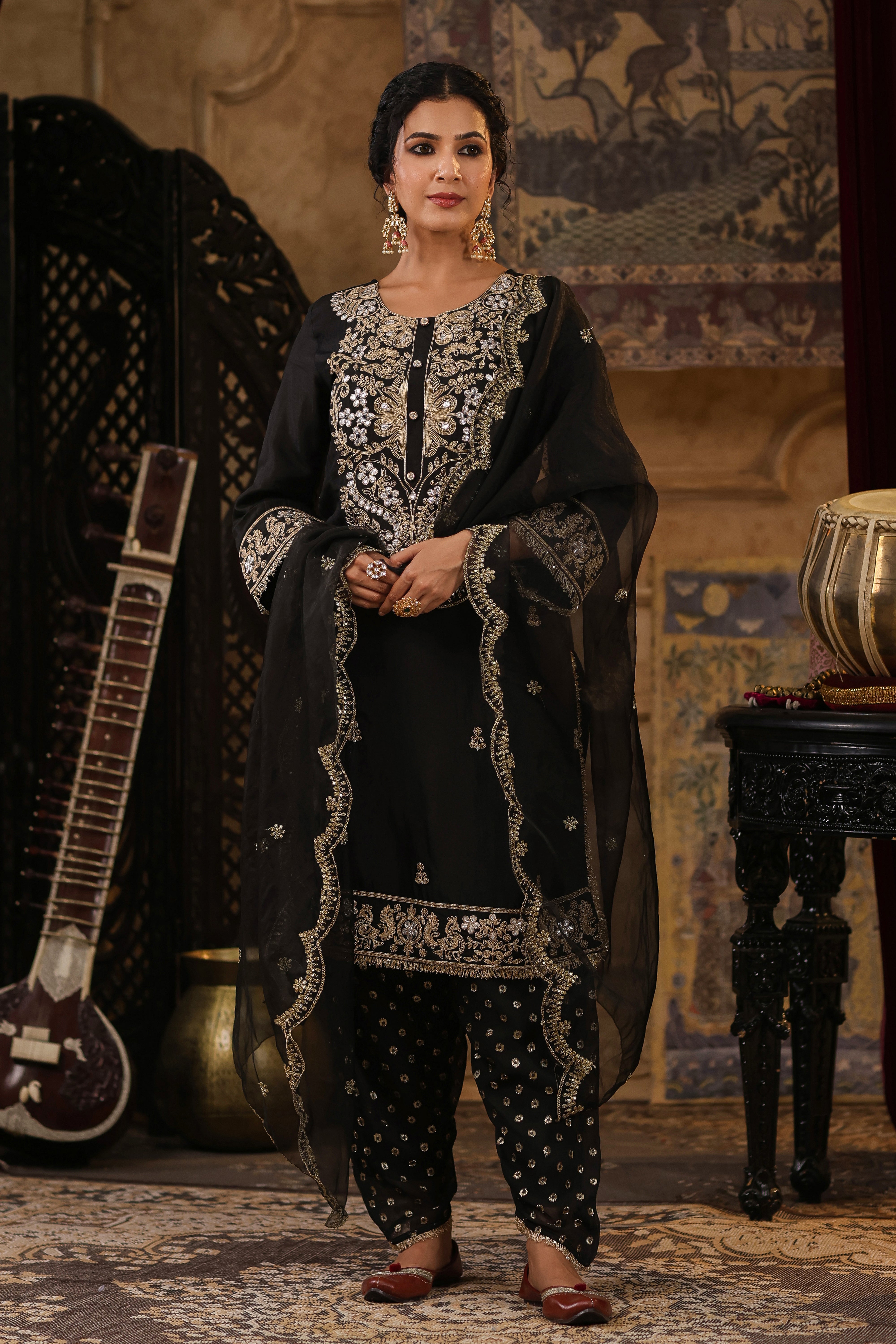 Black Chanderi Silk Dori-Gota Embroidered Suit Set