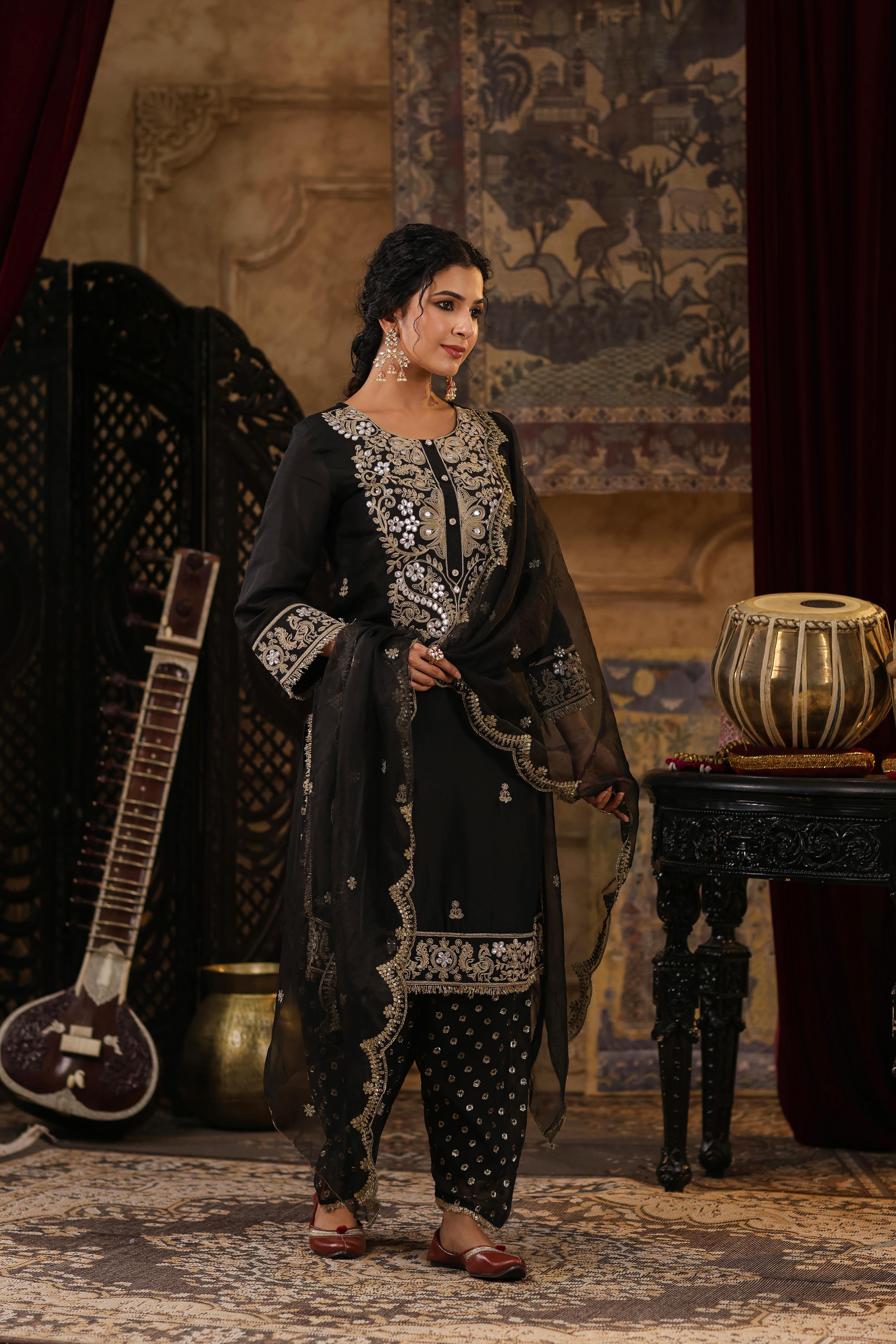 Black Chanderi Silk Dori-Gota Embroidered Suit Set