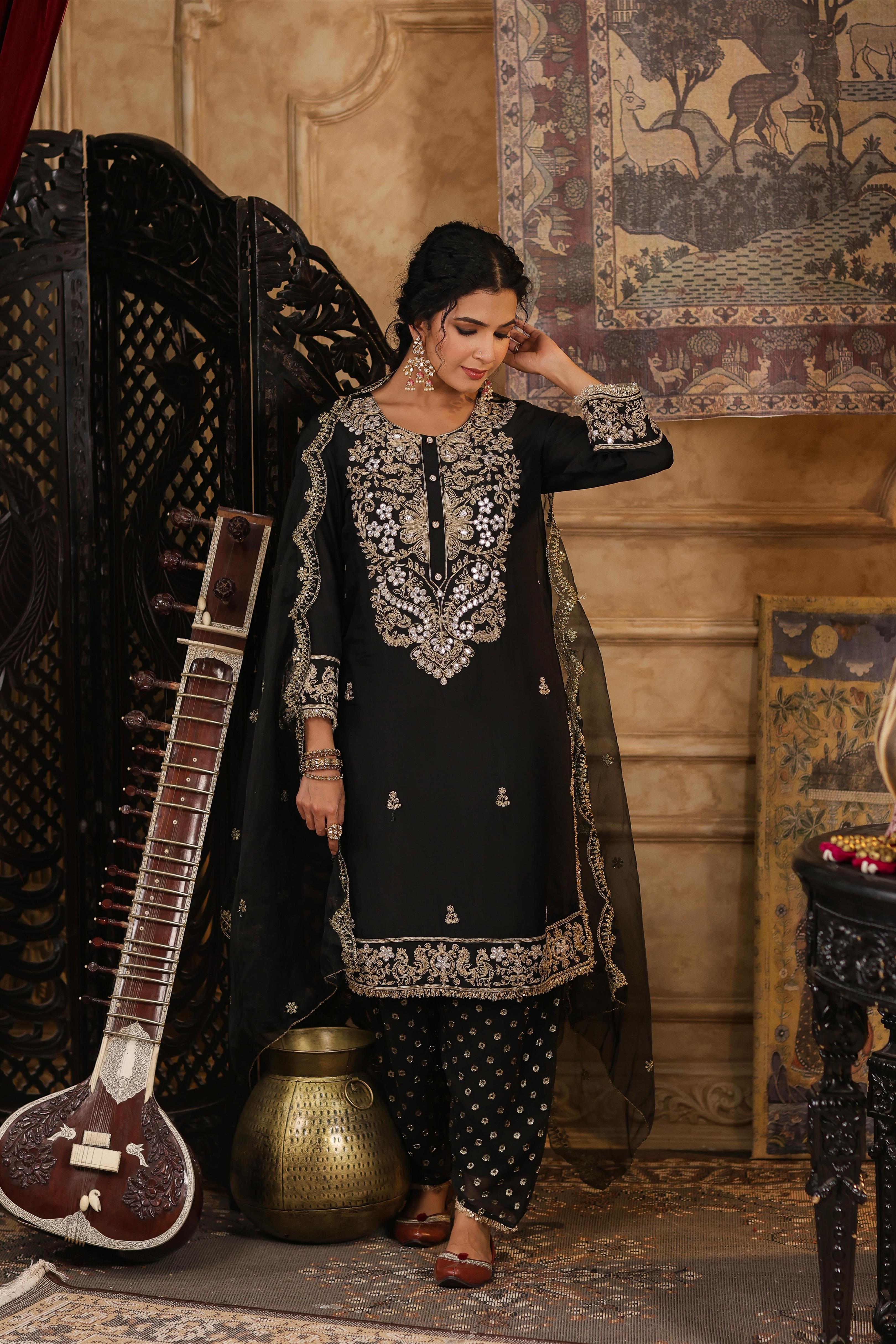 Black Chanderi Silk Dori-Gota Embroidered Suit Set