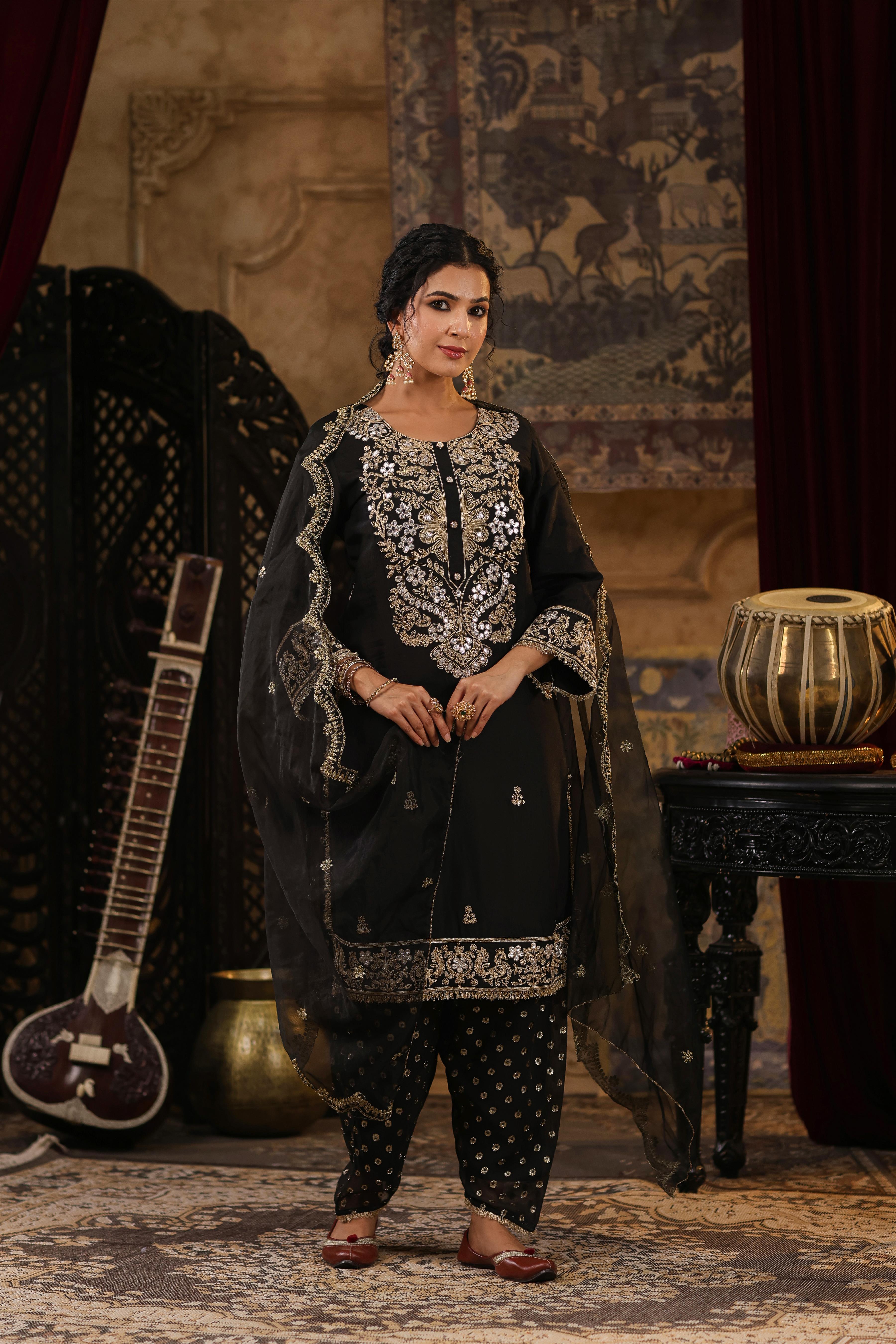 Black Chanderi Silk Dori-Gota Embroidered Suit Set