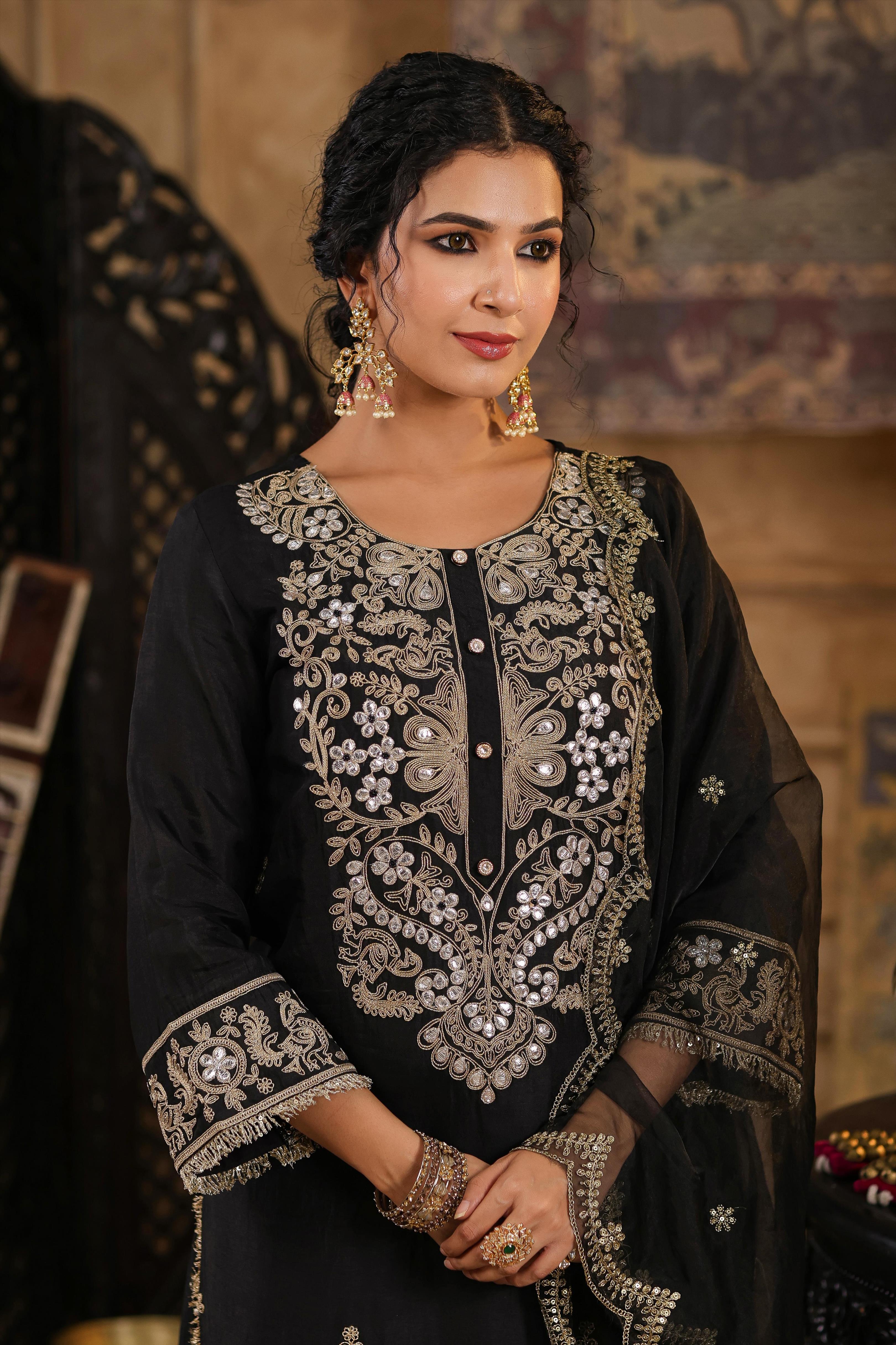 Black Chanderi Silk Dori-Gota Embroidered Suit Set