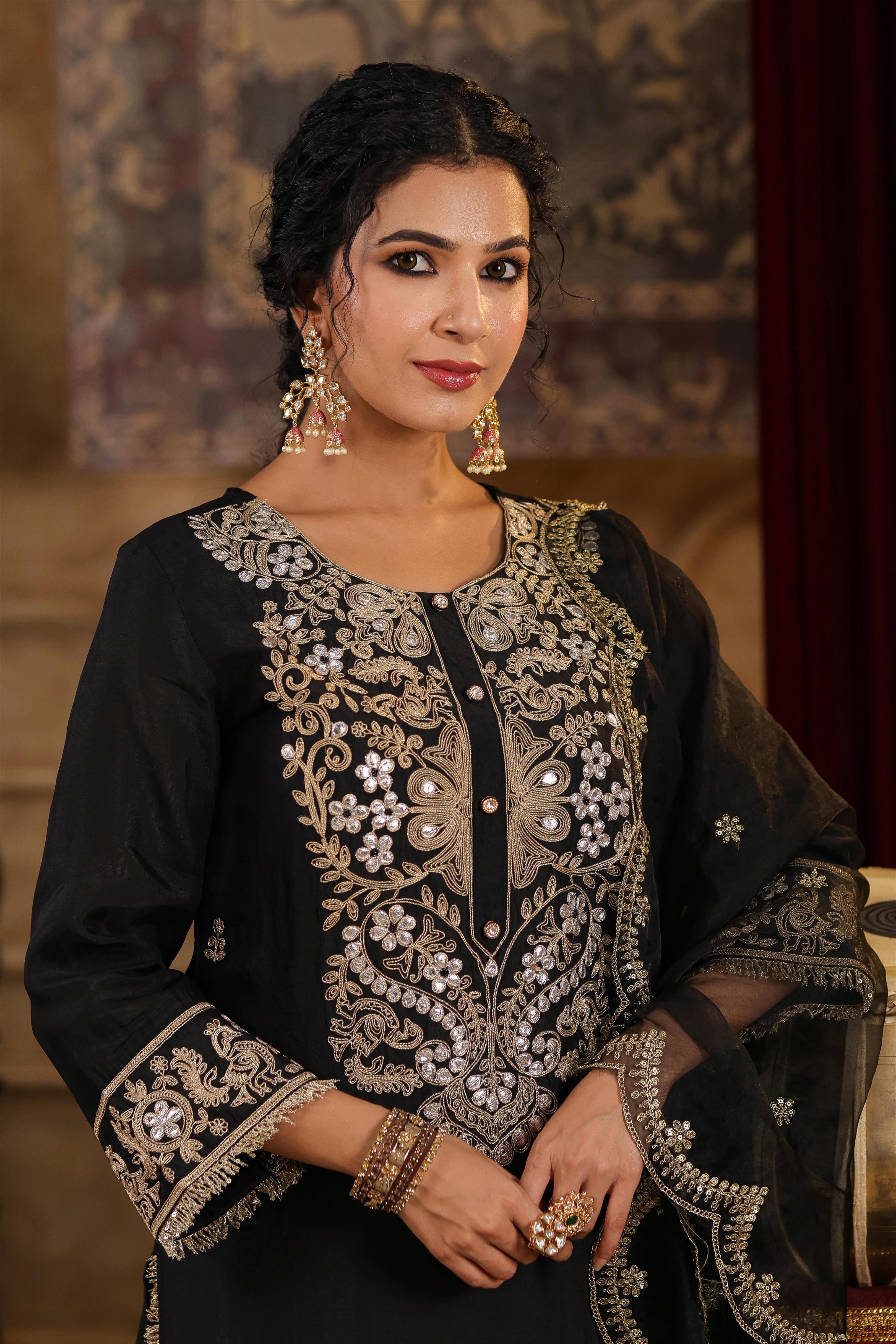 Black Chanderi Silk Dori-Gota Embroidered Suit Set