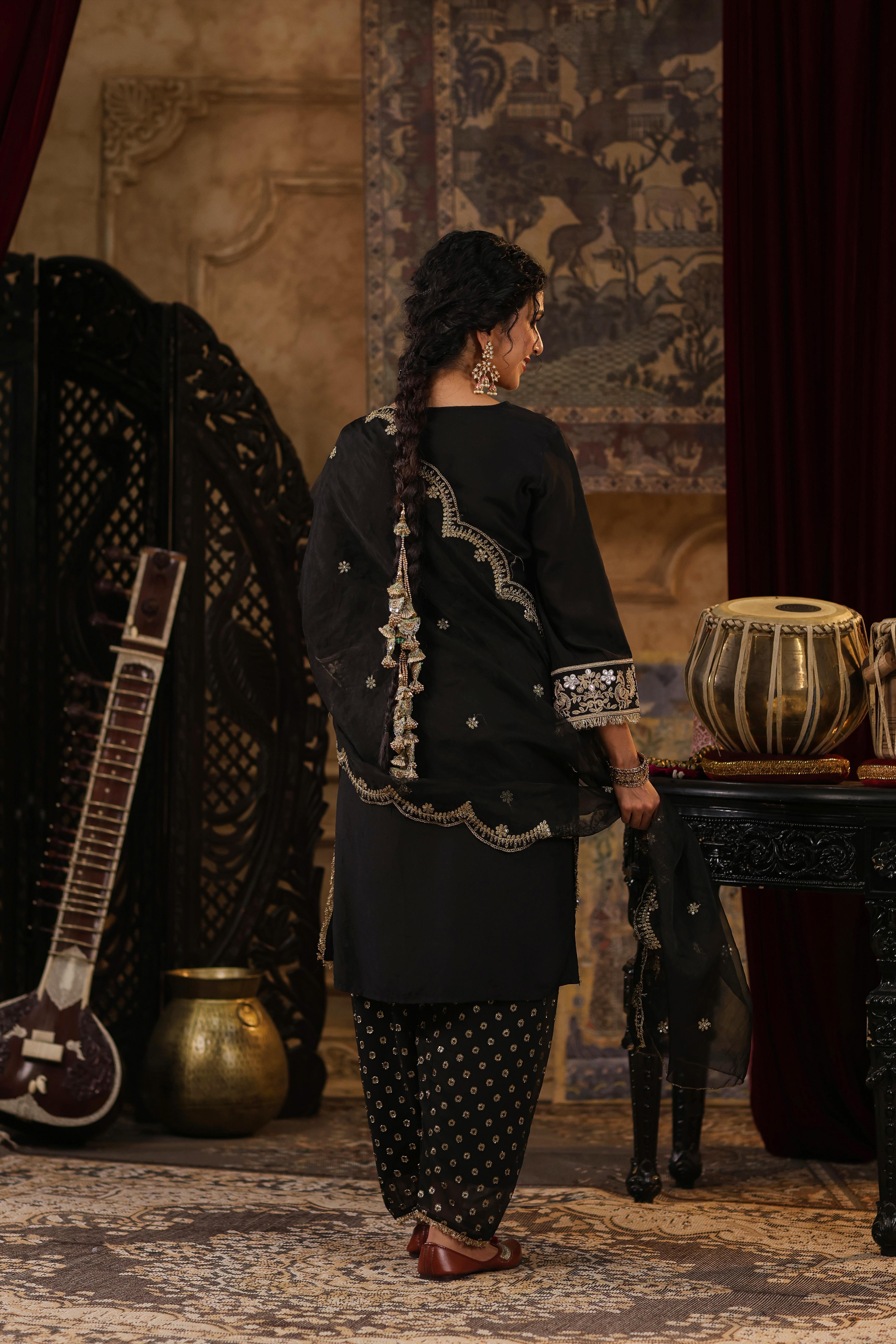 Black Chanderi Silk Dori-Gota Embroidered Suit Set