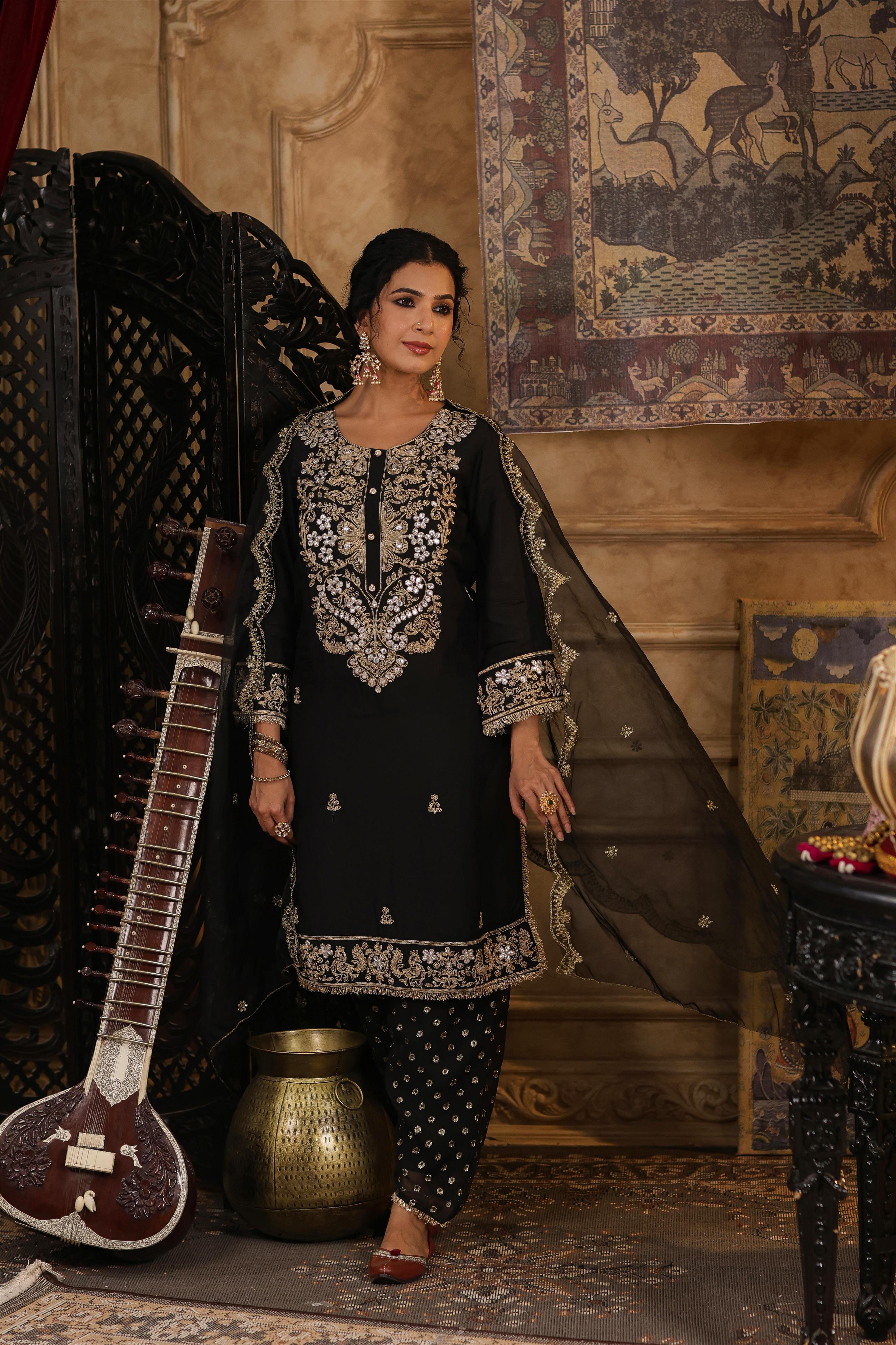 Black Chanderi Silk Dori-Gota Embroidered Suit Set