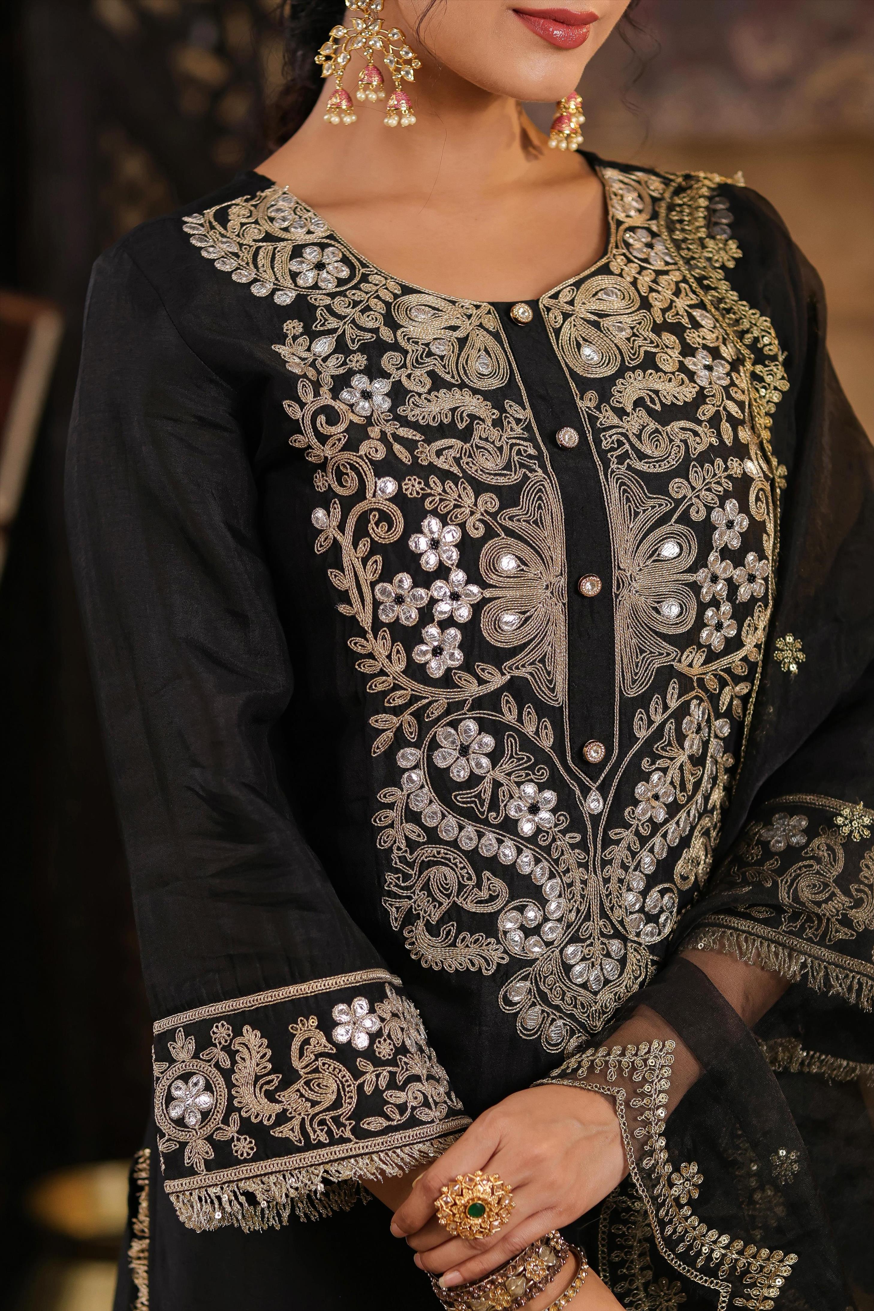 Black Chanderi Silk Dori-Gota Embroidered Suit Set