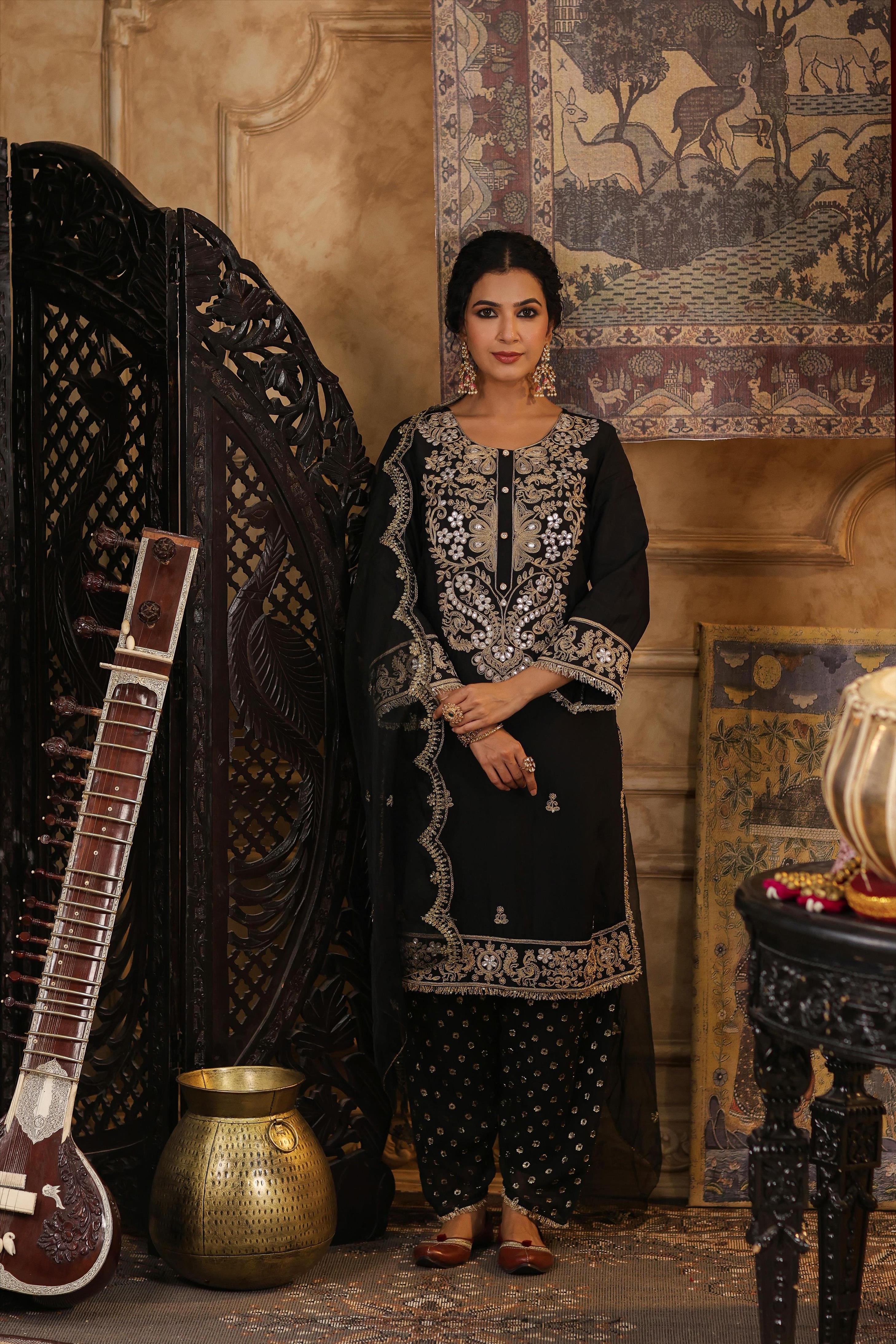 Black Chanderi Silk Dori-Gota Embroidered Suit Set