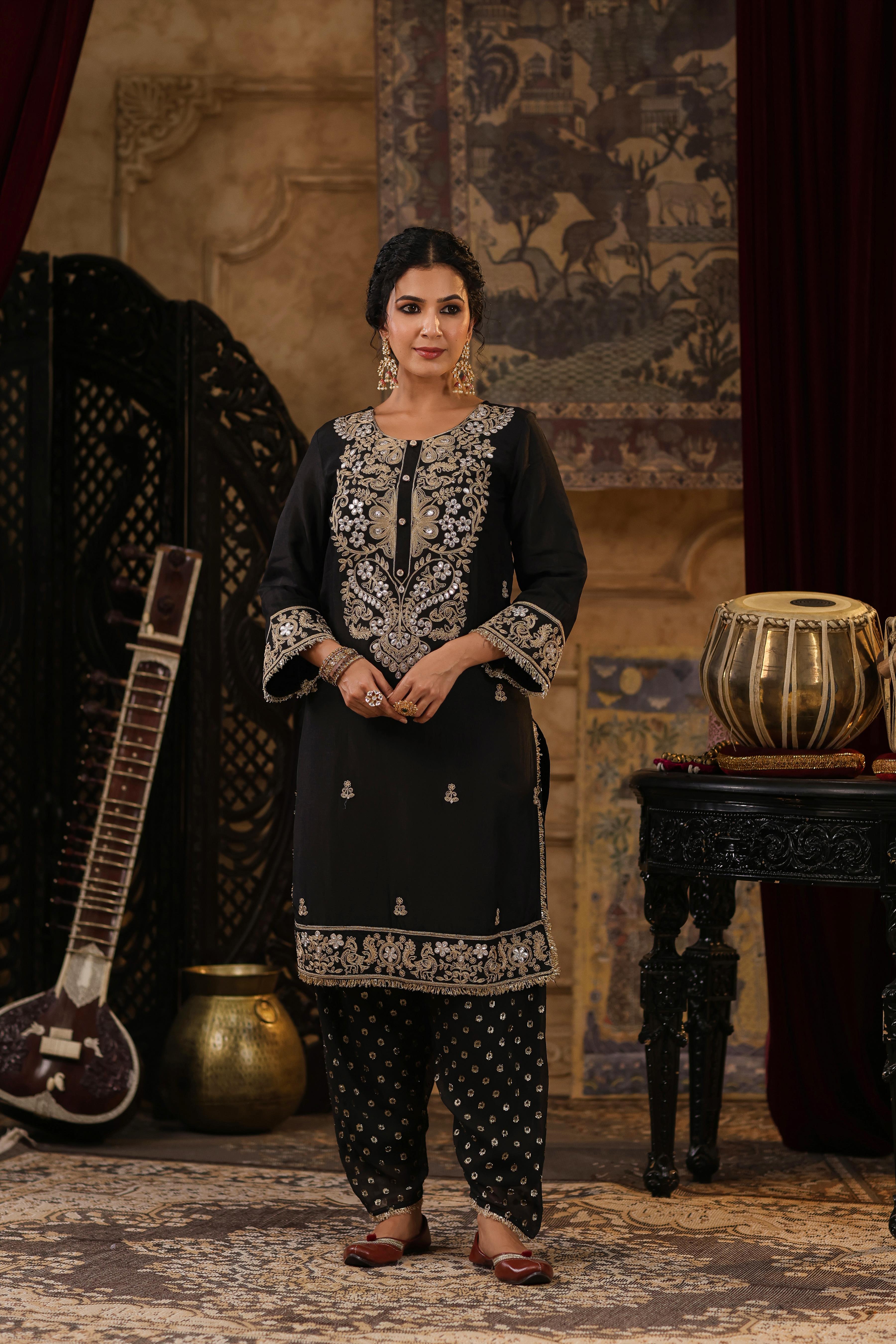 Black Chanderi Silk Dori-Gota Embroidered Suit Set