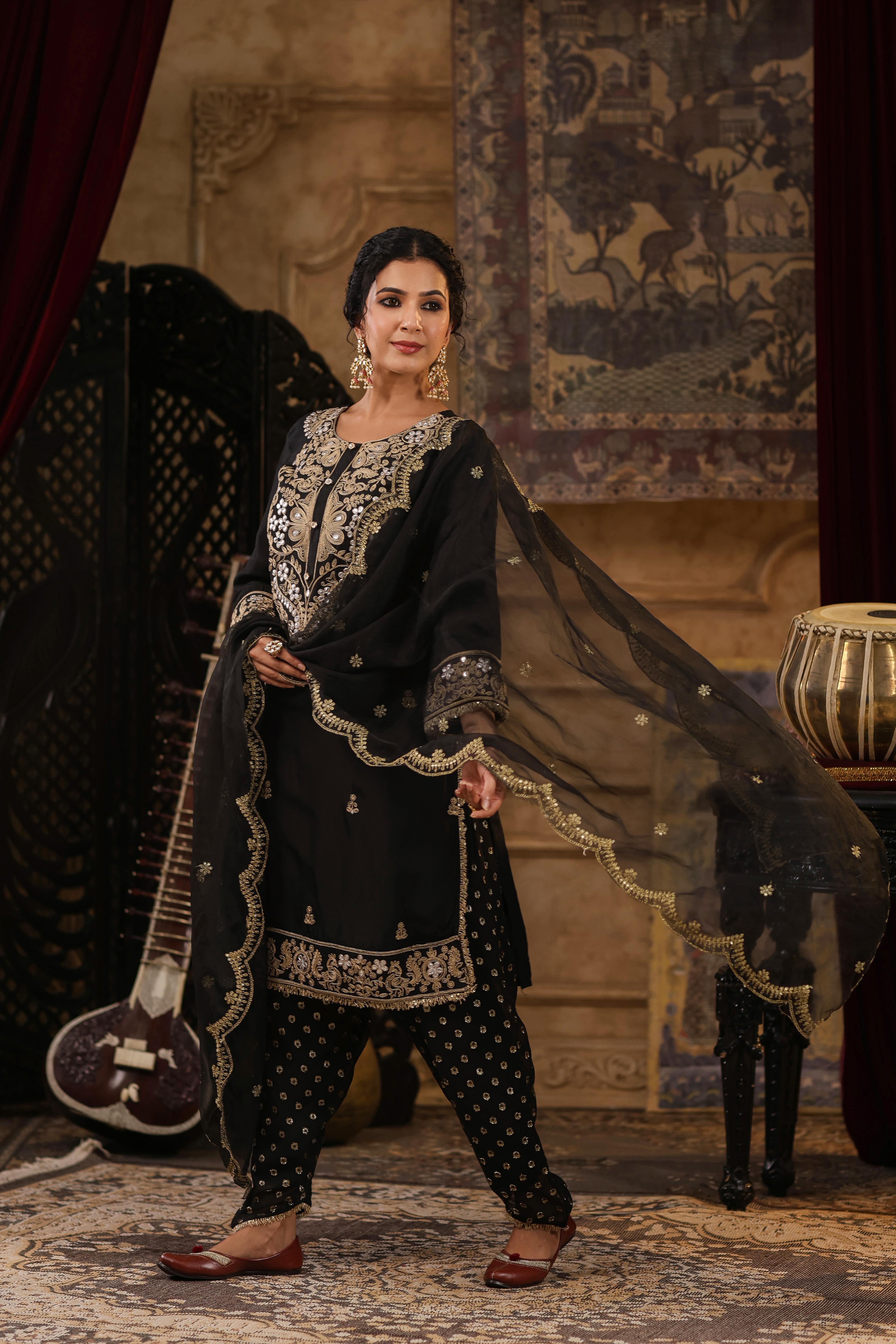 Black Chanderi Silk Dori-Gota Embroidered Suit Set