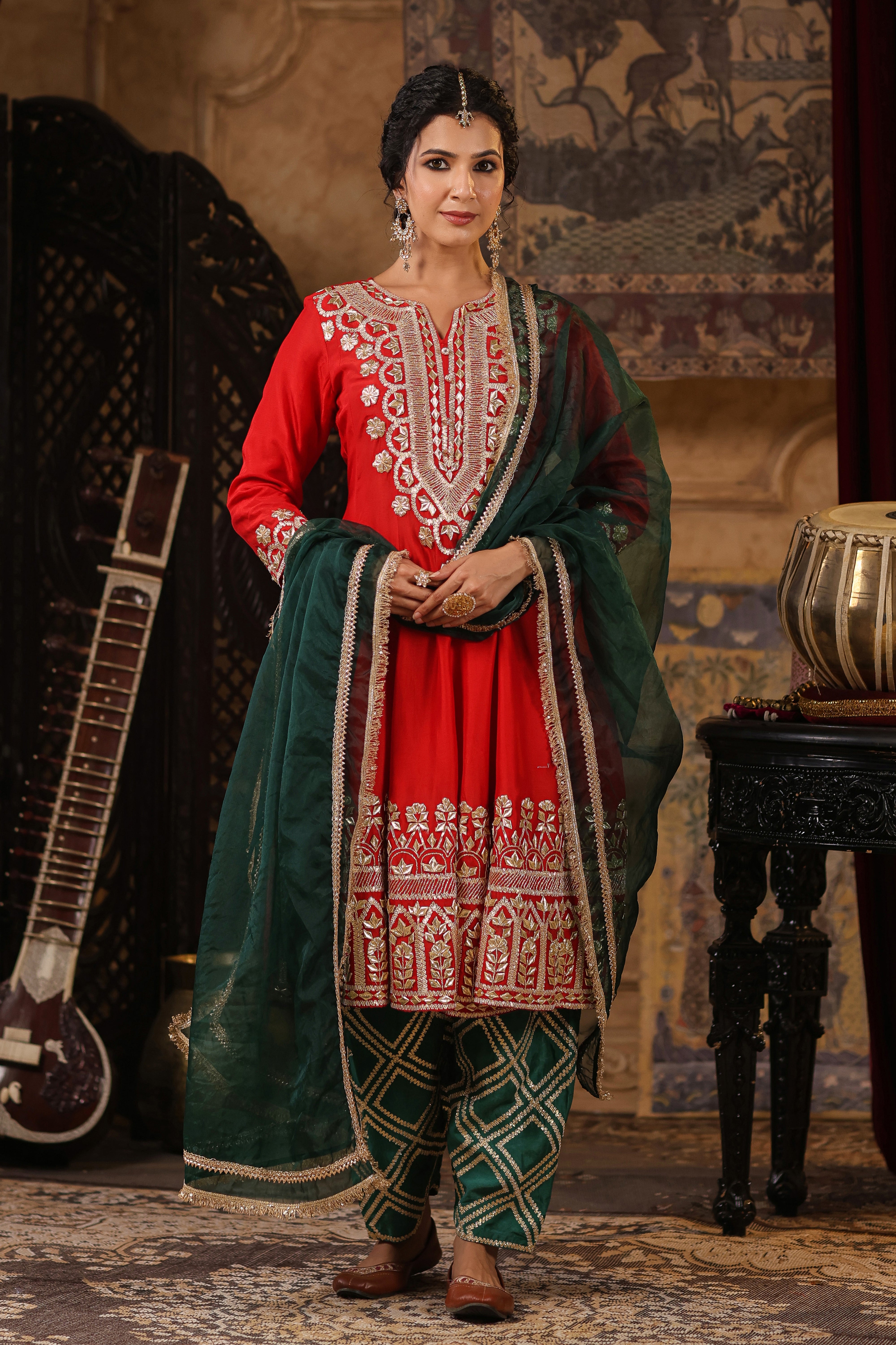 Red-Dark Green Dupion Silk Gota-Dori Work Anarkali Set