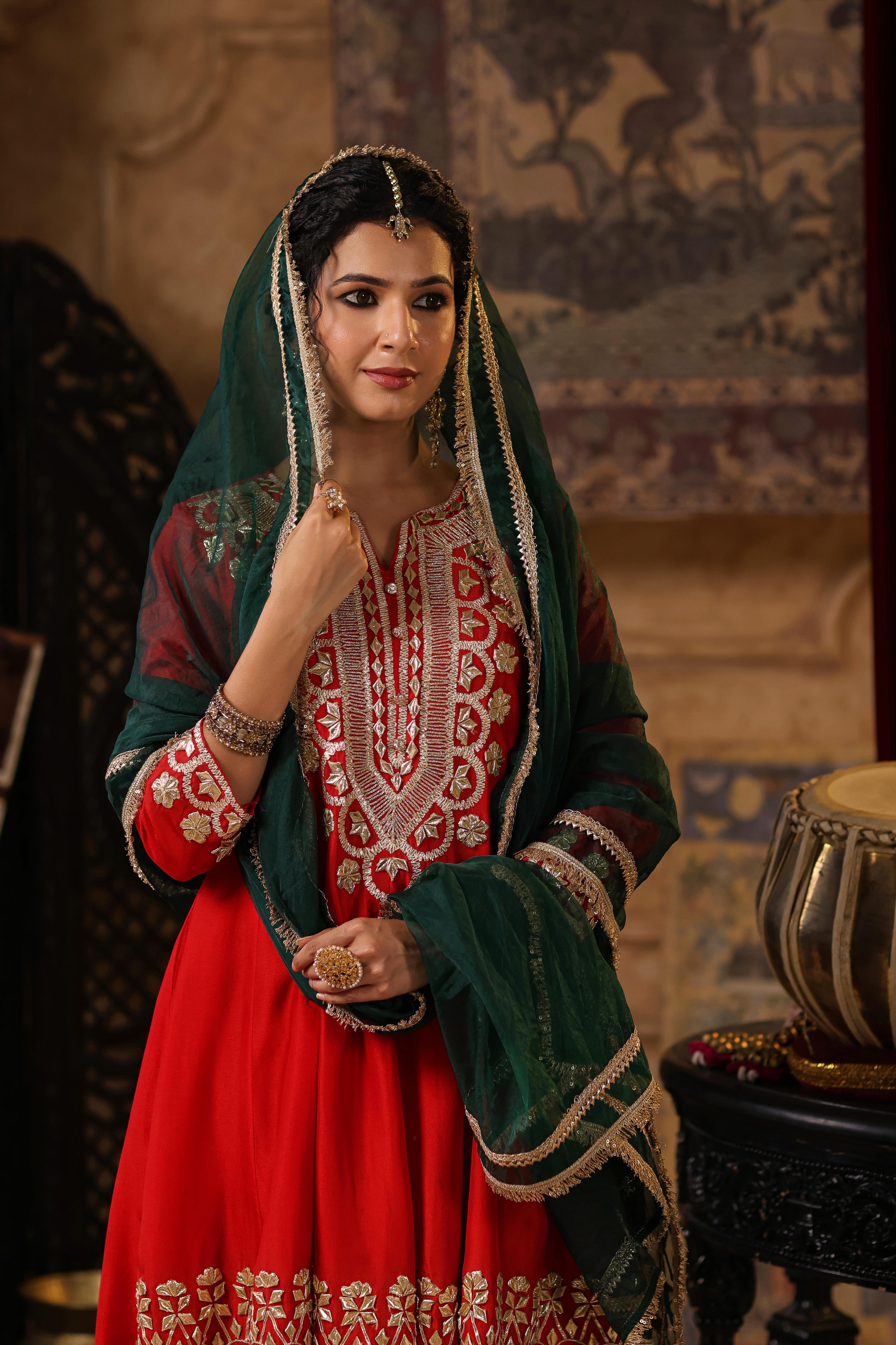 Red-Dark Green Dupion Silk Gota-Dori Work Anarkali Set