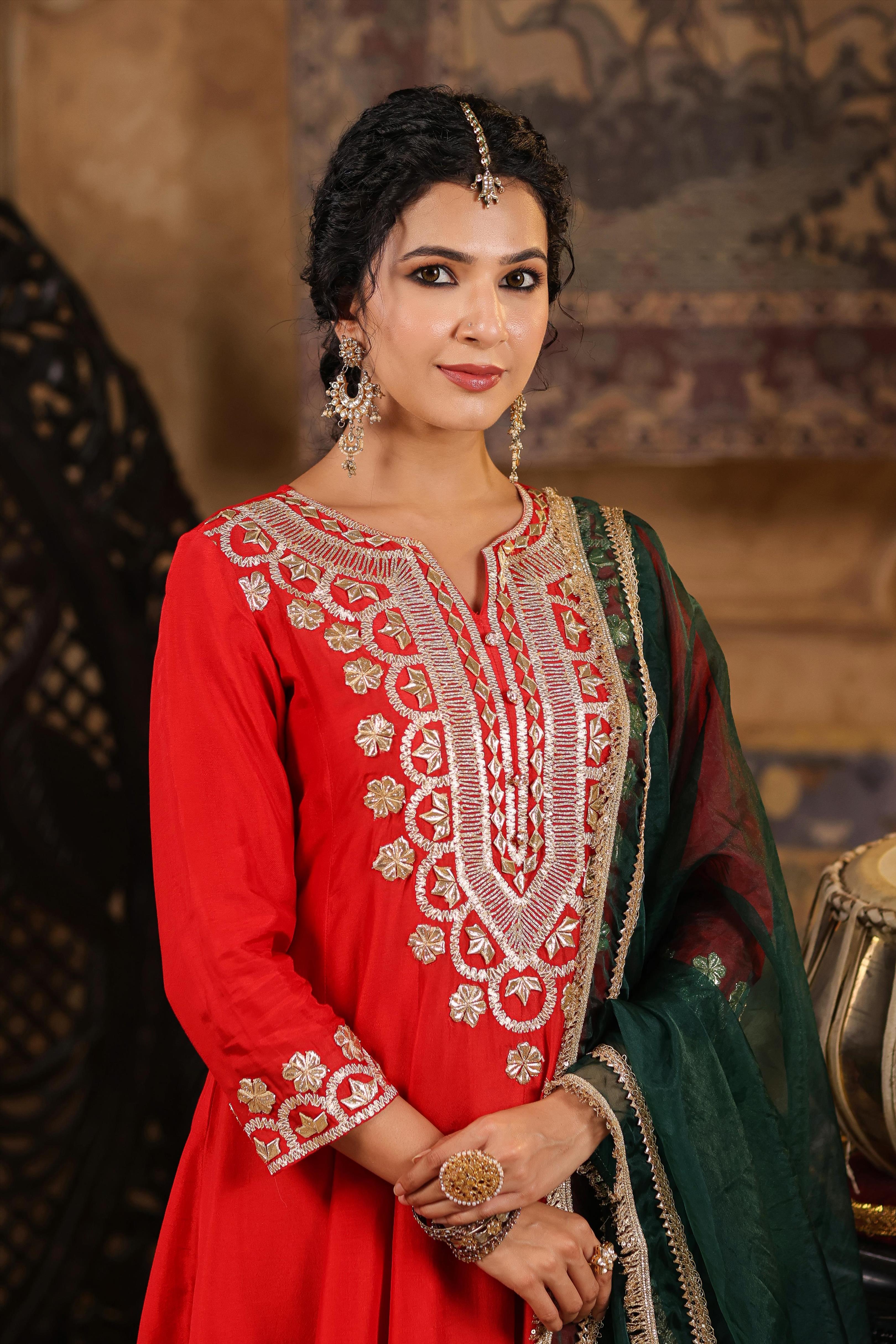 Red-Dark Green Dupion Silk Gota-Dori Work Anarkali Set