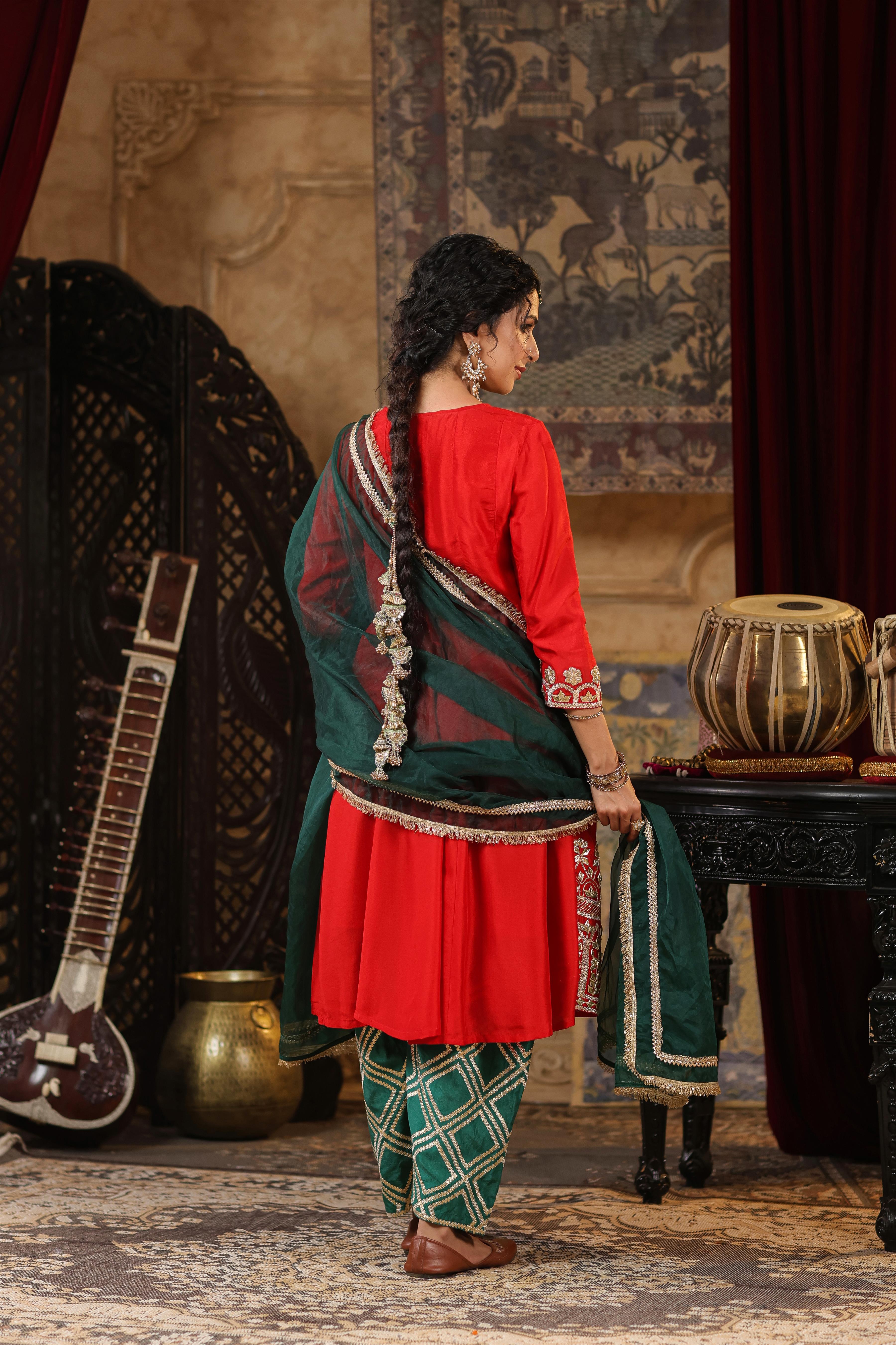 Red-Dark Green Dupion Silk Gota-Dori Work Anarkali Set