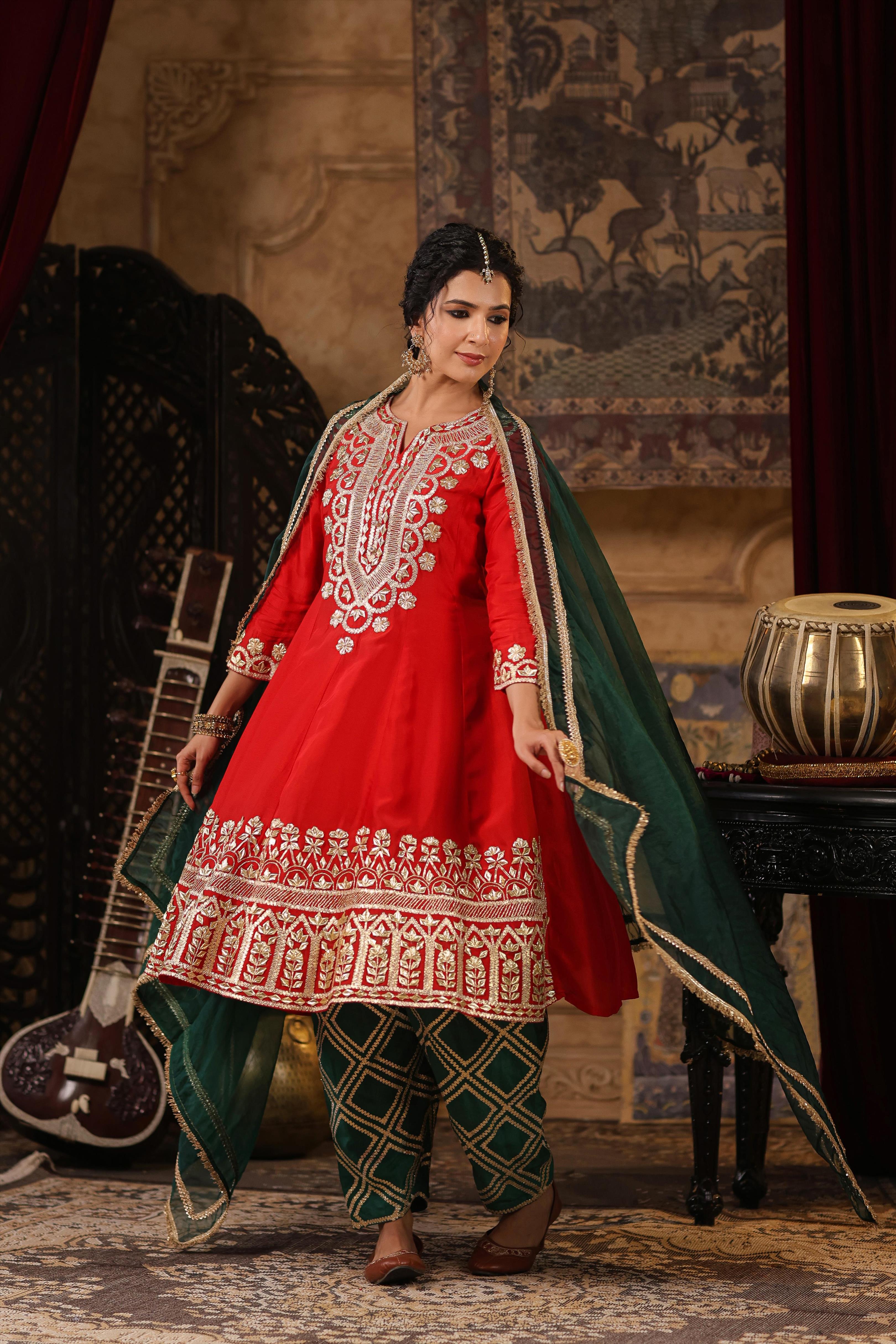 Red-Dark Green Dupion Silk Gota-Dori Work Anarkali Set