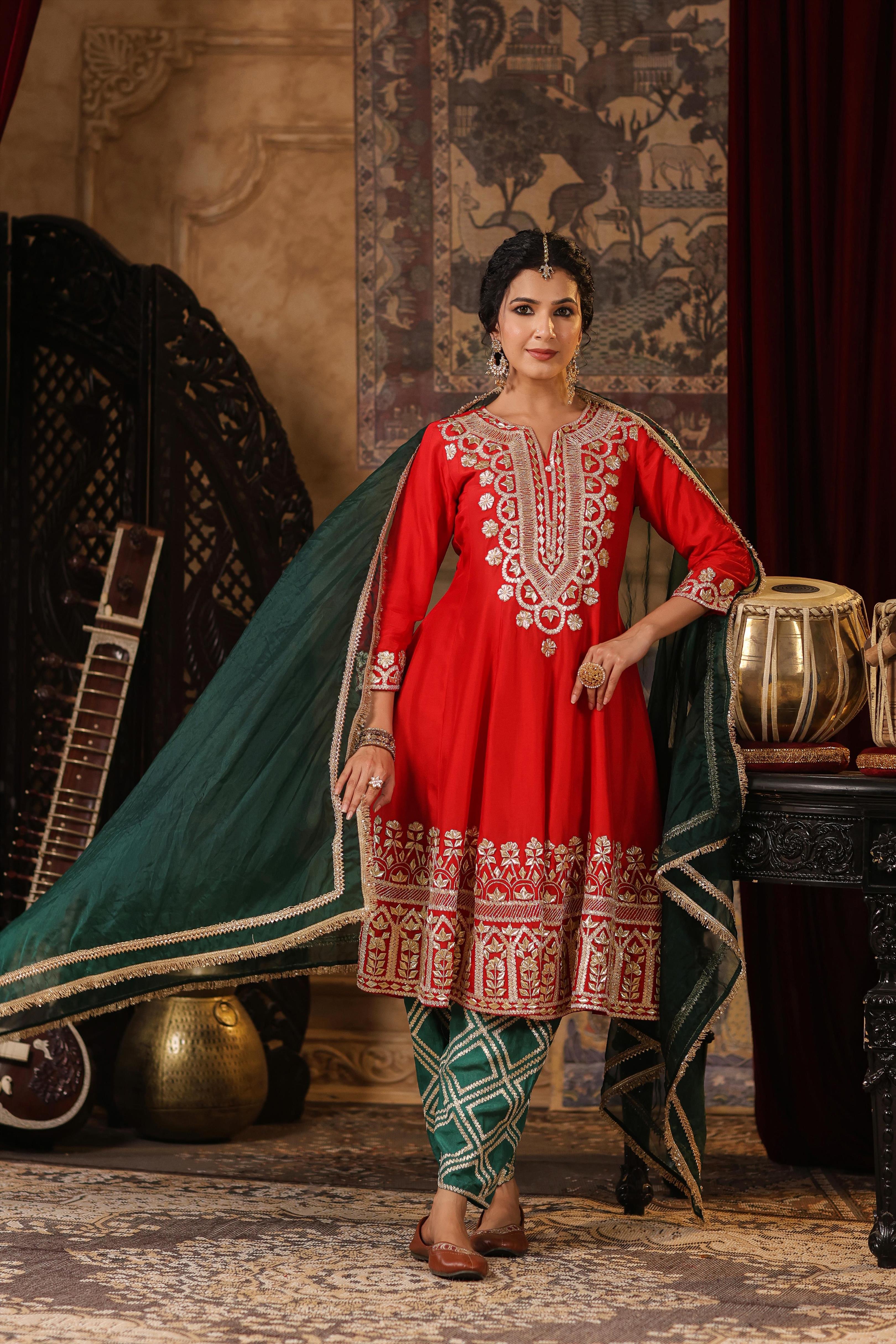 Red-Dark Green Dupion Silk Gota-Dori Work Anarkali Set