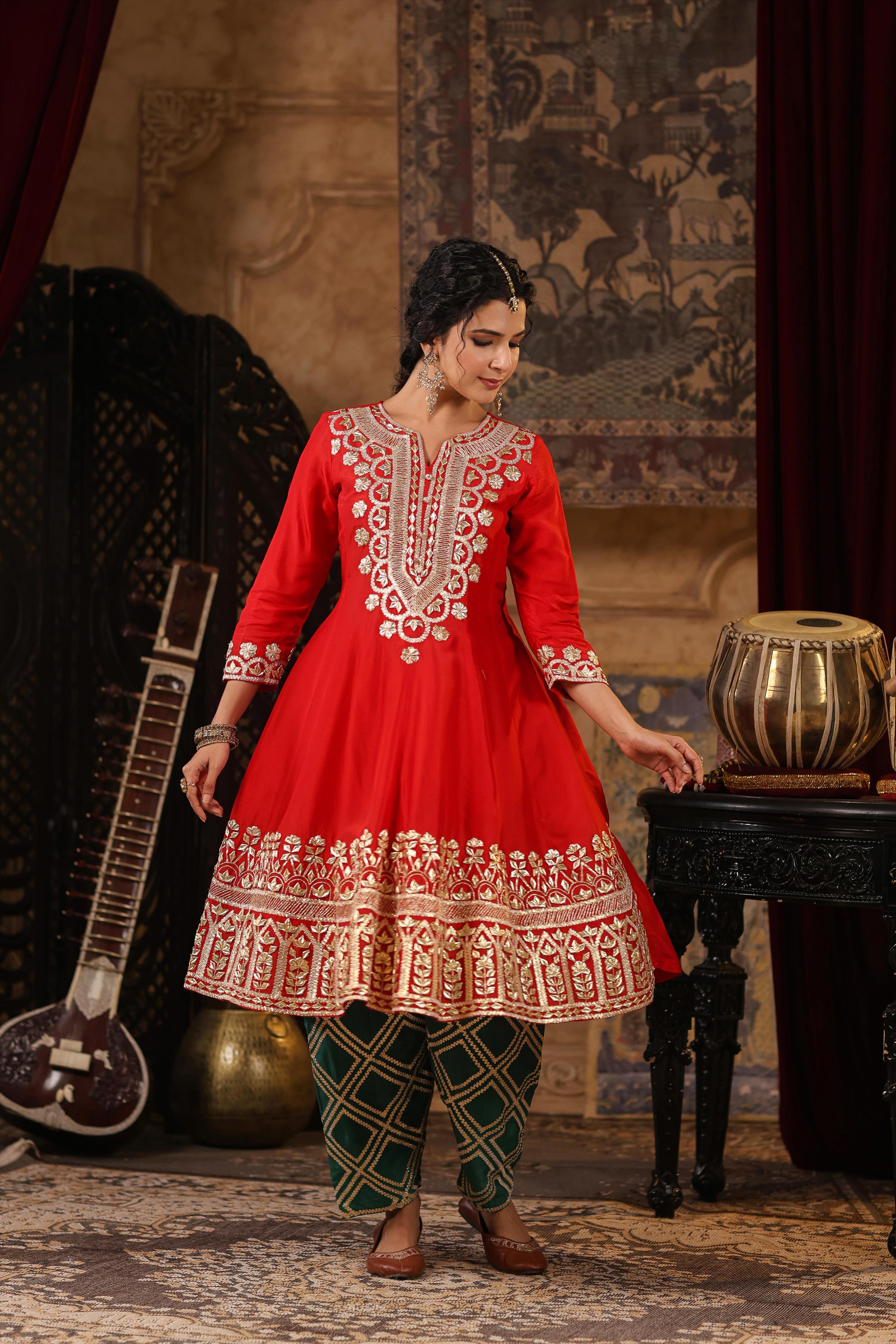 Red-Dark Green Dupion Silk Gota-Dori Work Anarkali Set