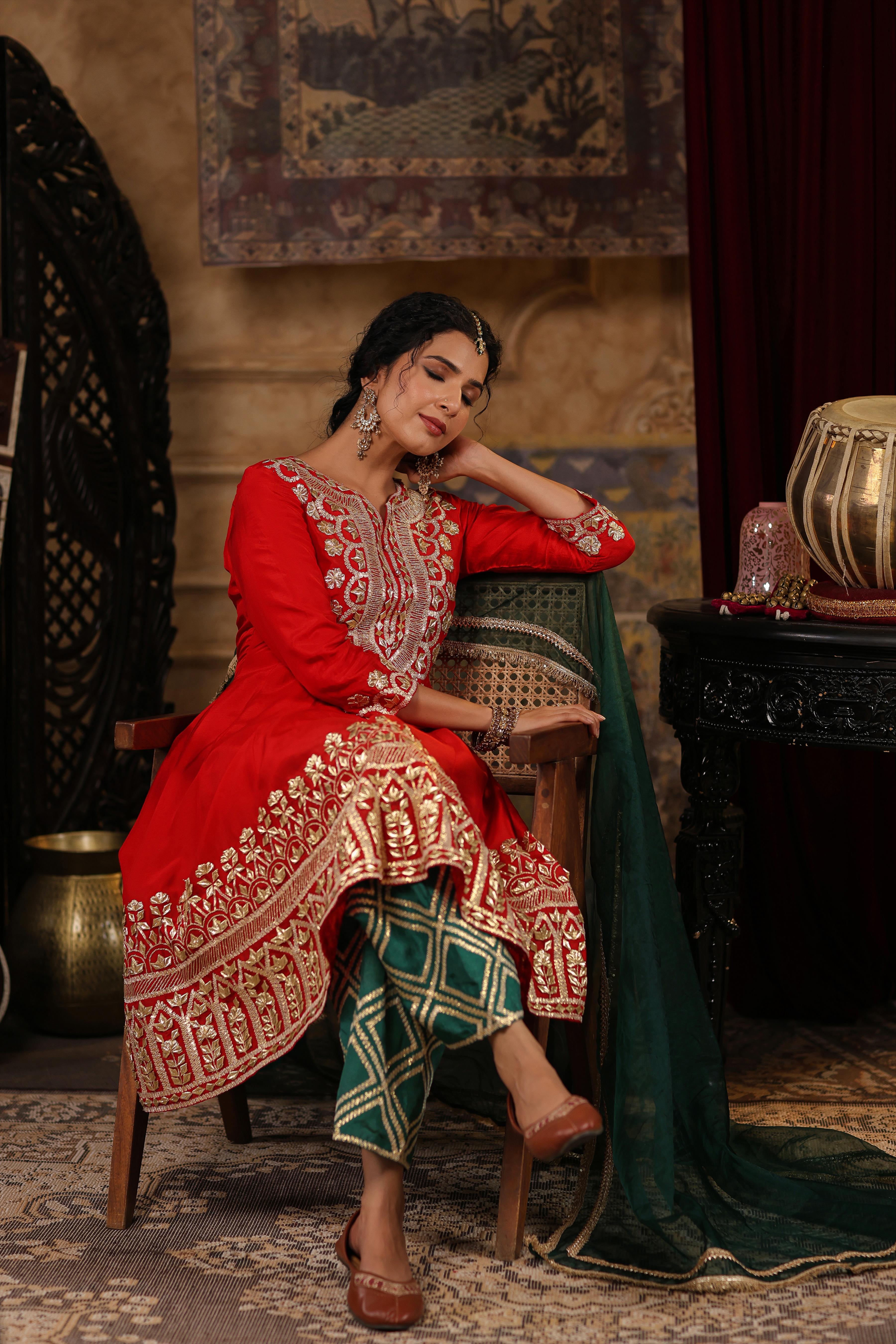 Red-Dark Green Dupion Silk Gota-Dori Work Anarkali Set