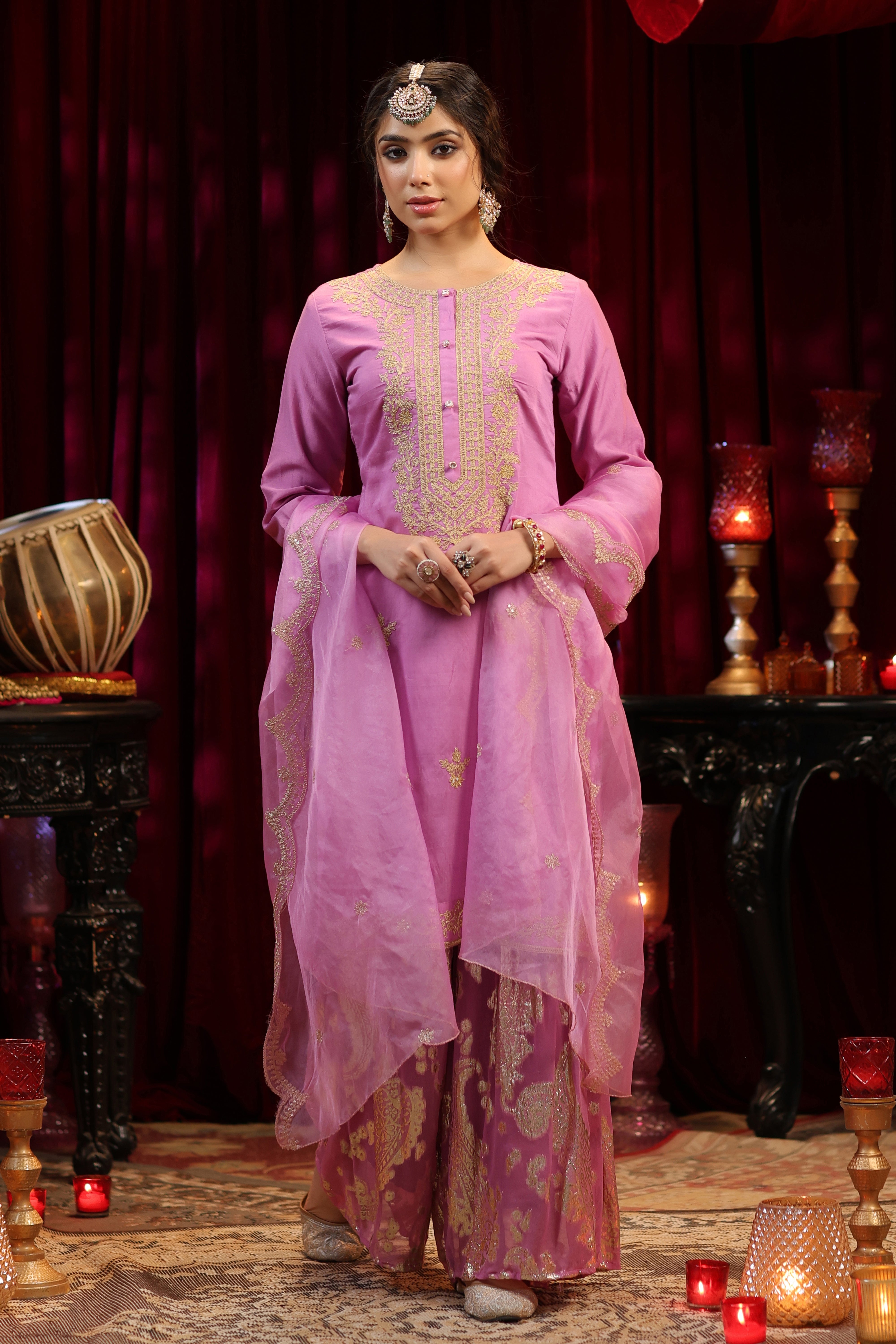 Mauve Chanderi Silk-Badla Georgette Dori Work Sharara Set